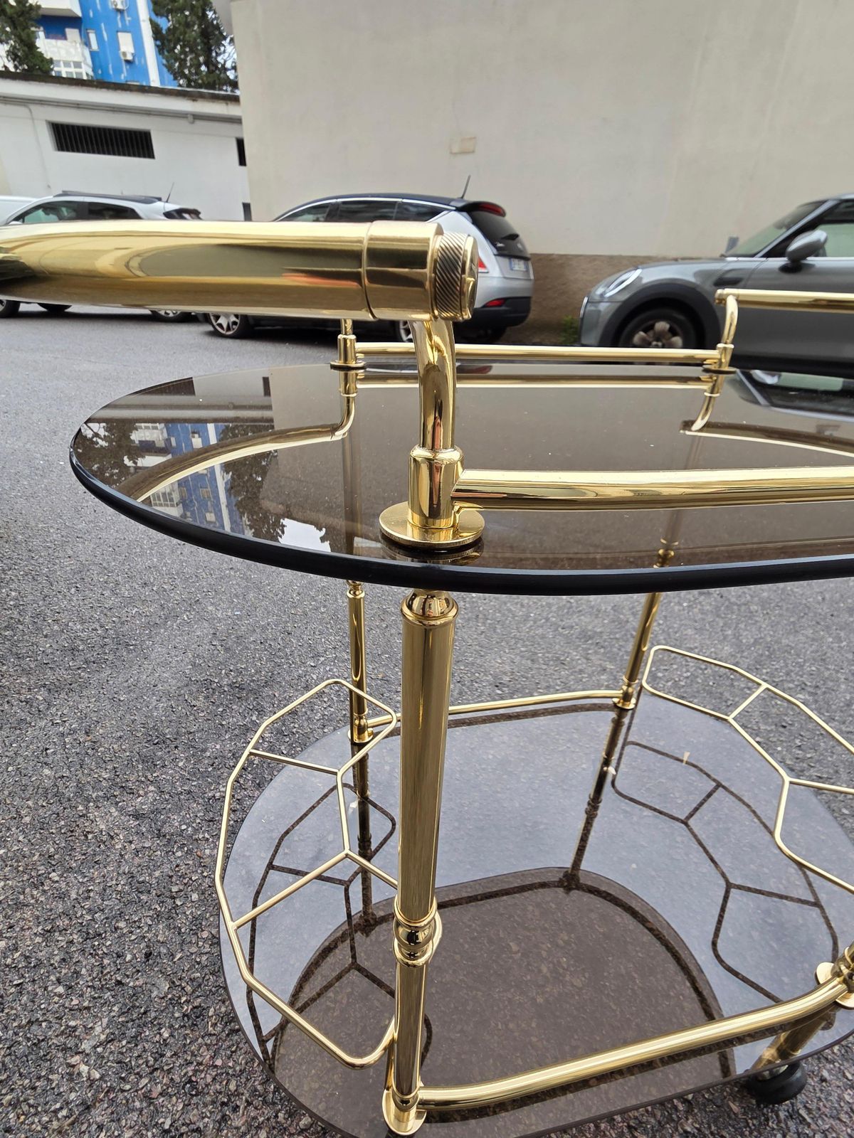 Elegant Oval Carrrllo Bar In Solid Brass And Crystal Fume' Italy 1970s photo for sale