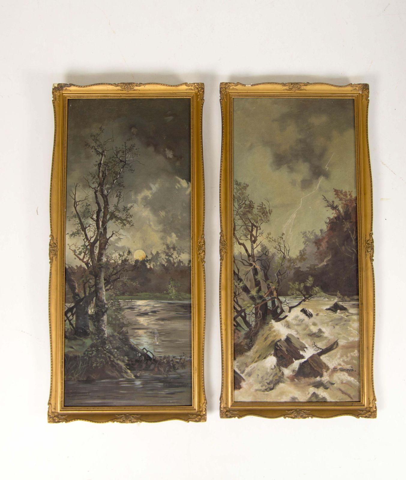 Art Nouveau Diptych Landscape Paintings, Oil On Canvas, Signed 1930 photo Art
