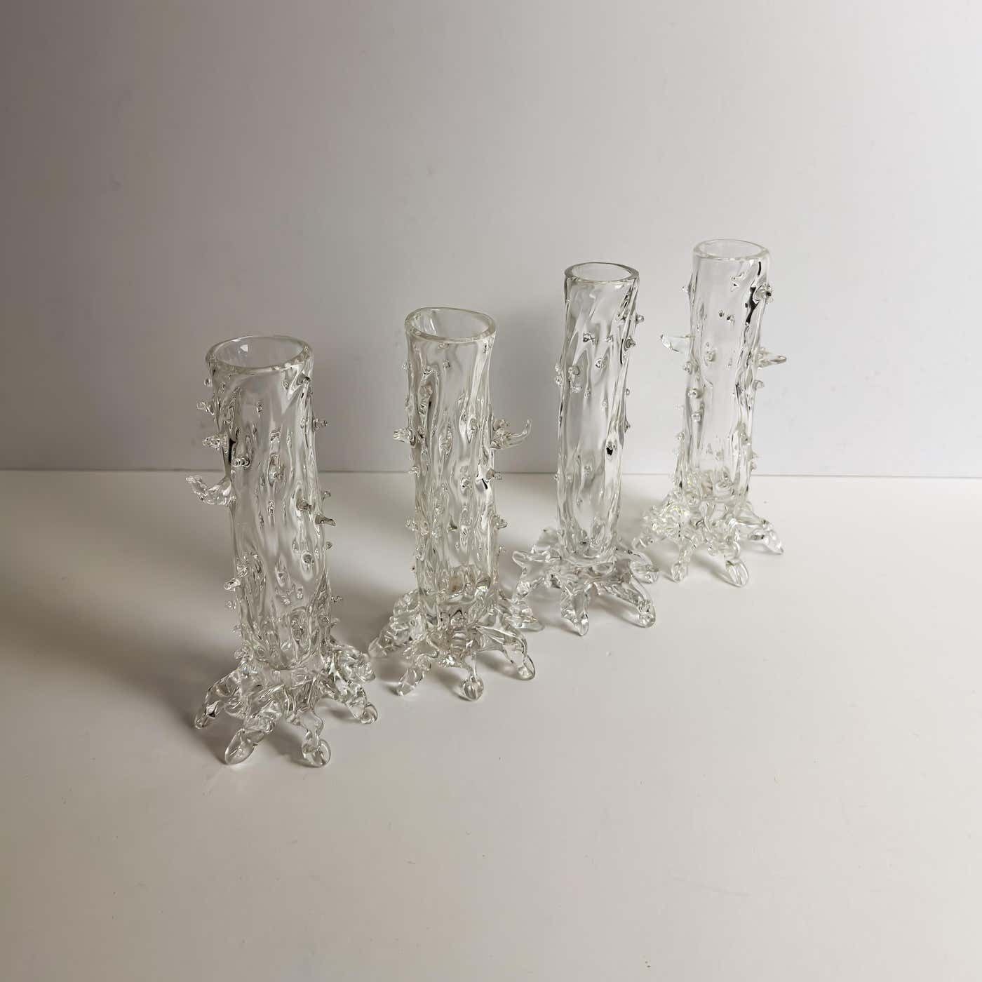Set Of Four Victorian Hand Blown Clear Crystal Thorn Vases, Czech, 1890s photo vinterior