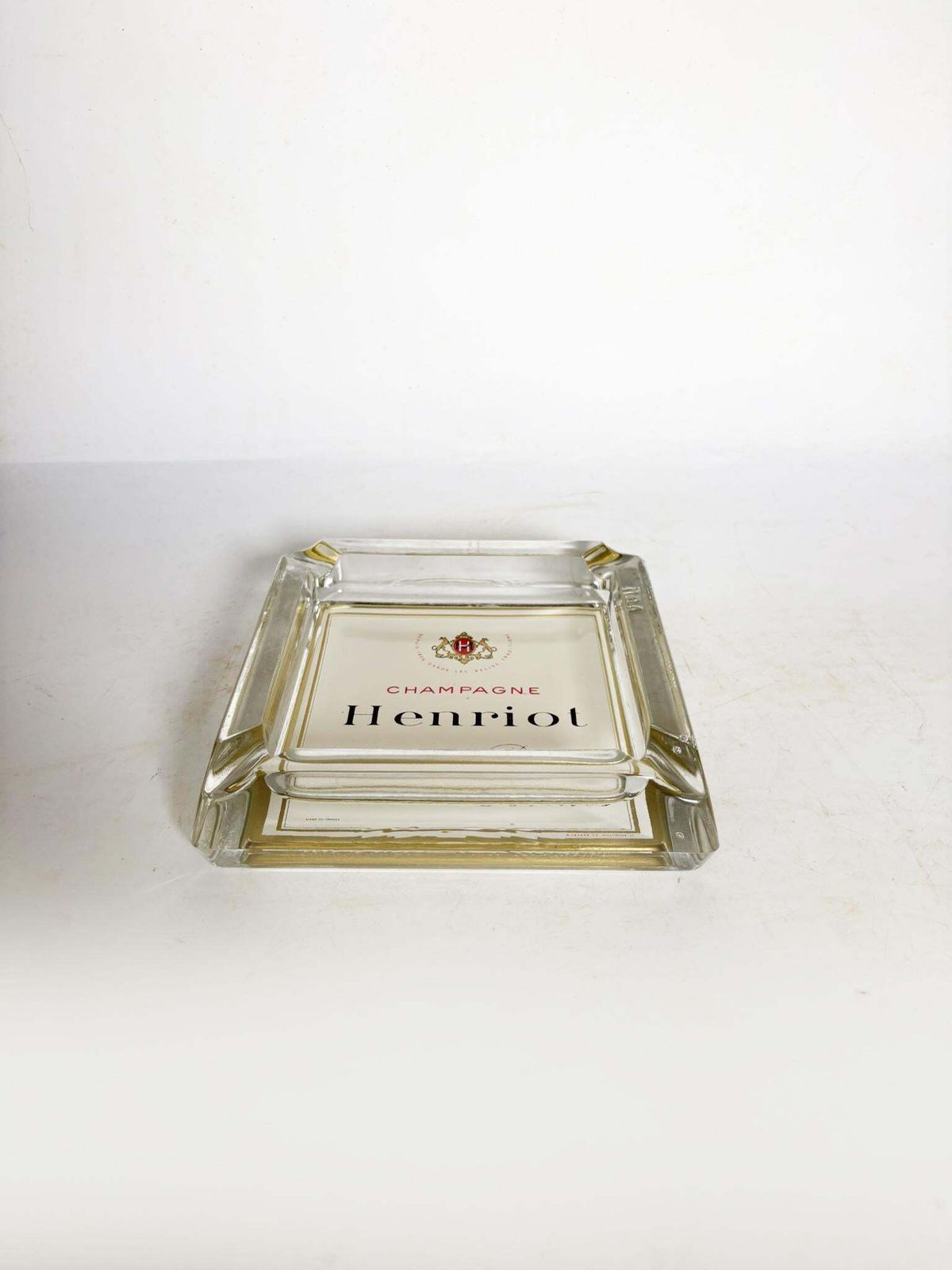 Henriot Champagne Ashtray, Thick Glass, Square Design, France, 1960s photo for sale