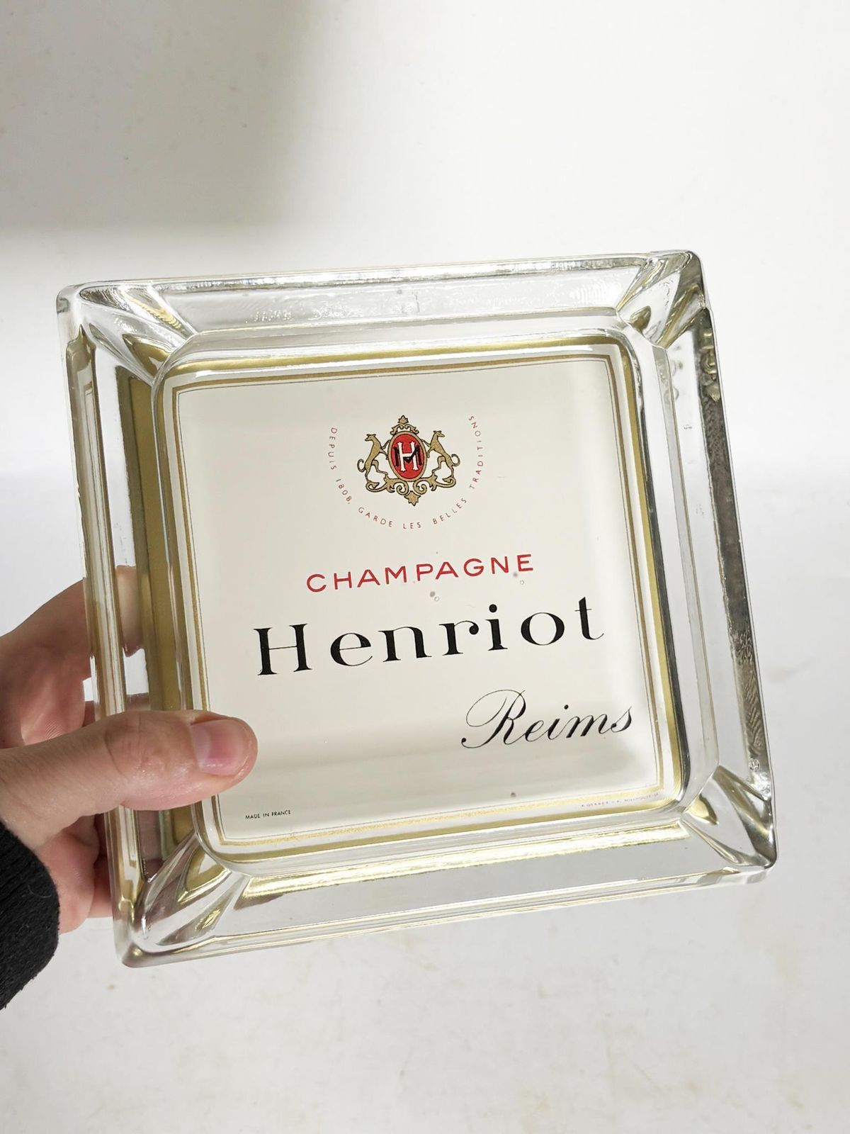 372.0 Henriot Champagne Ashtray, Thick Glass, Square Design, France, 1960s photo