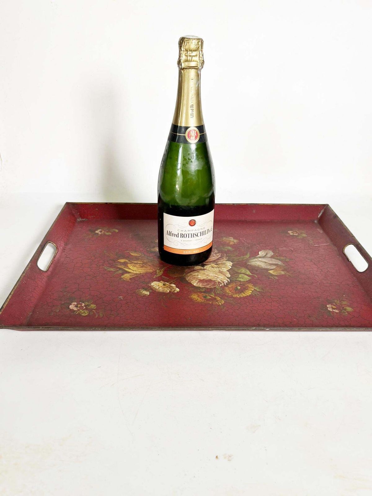 Red Iron Tray With Floral Motif, France, 1940 photo Home Decor