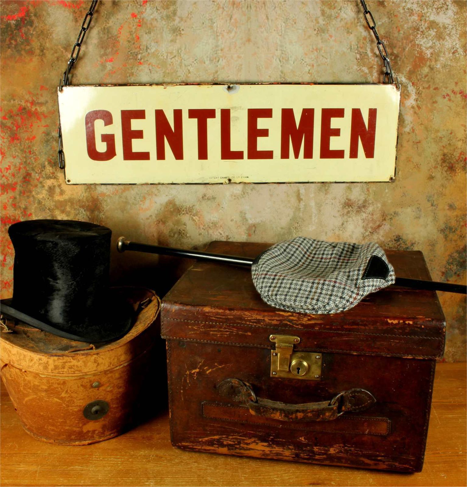Antique Enamel Gentlemen Sign. Victorian Ner Train Station Metal Sign. photo furniture