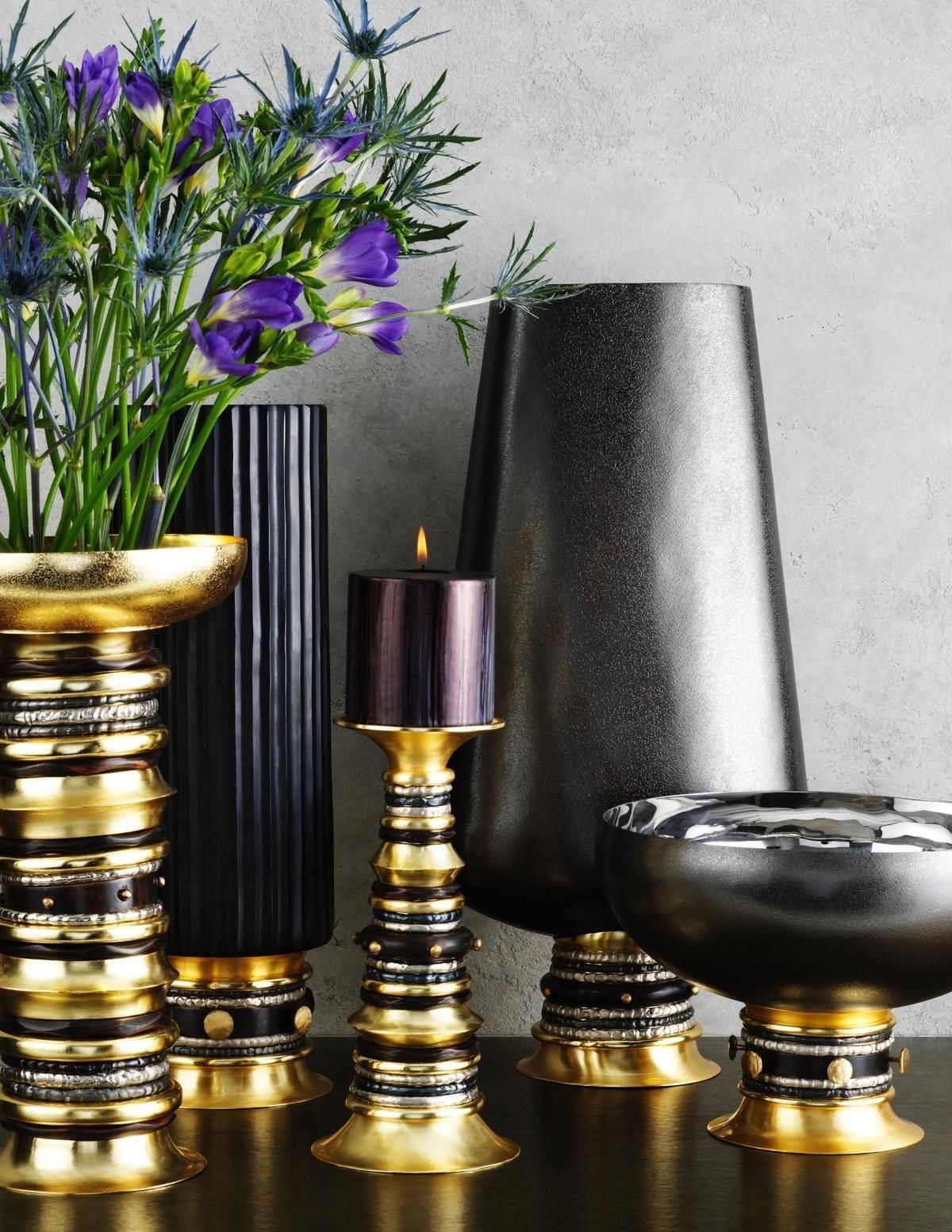 Pair Of Modern Brass And Patinated Metal Candleholders photo vinterior