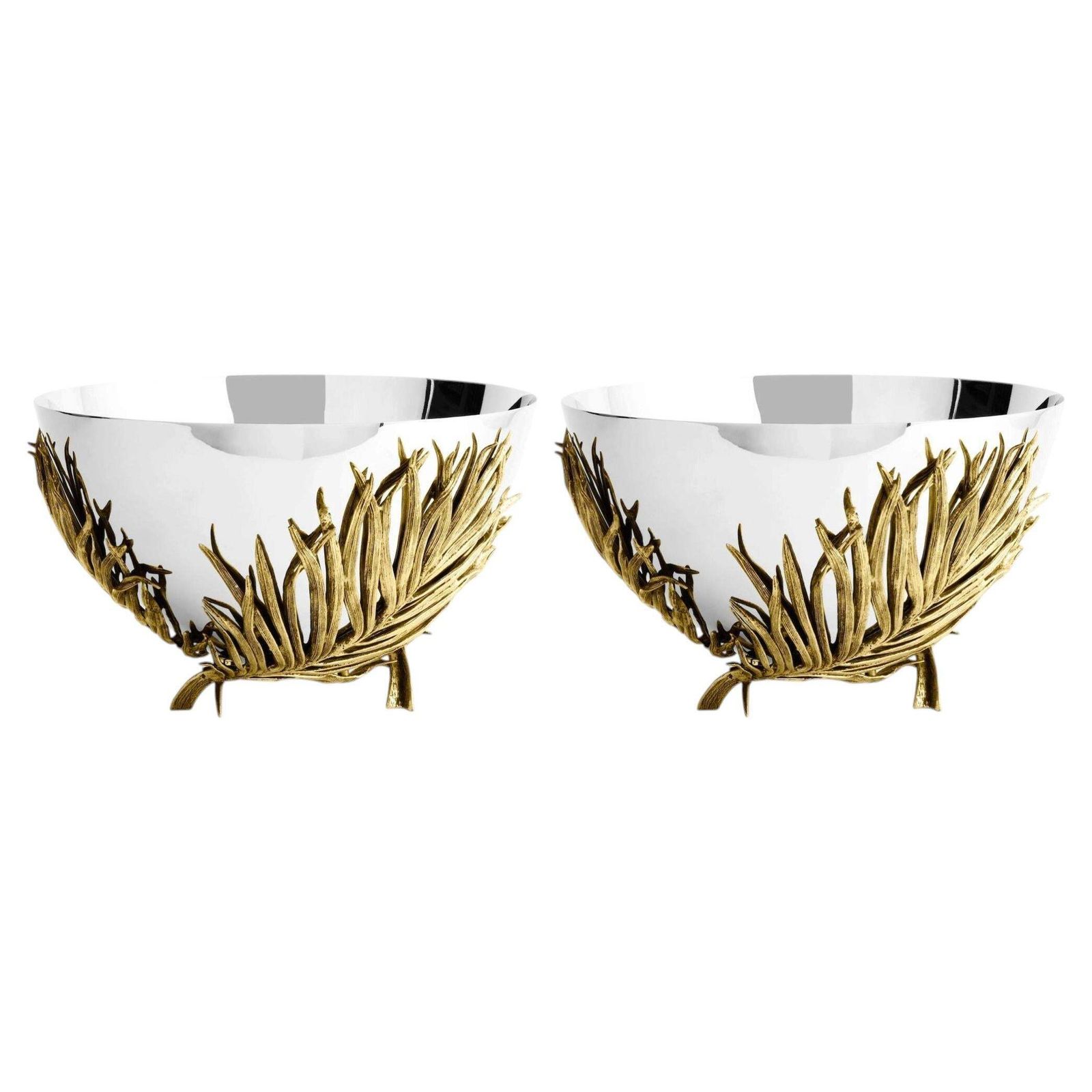 Pair Of Contemporary Silver And Gold Metal Palm Centerpiece Bowl