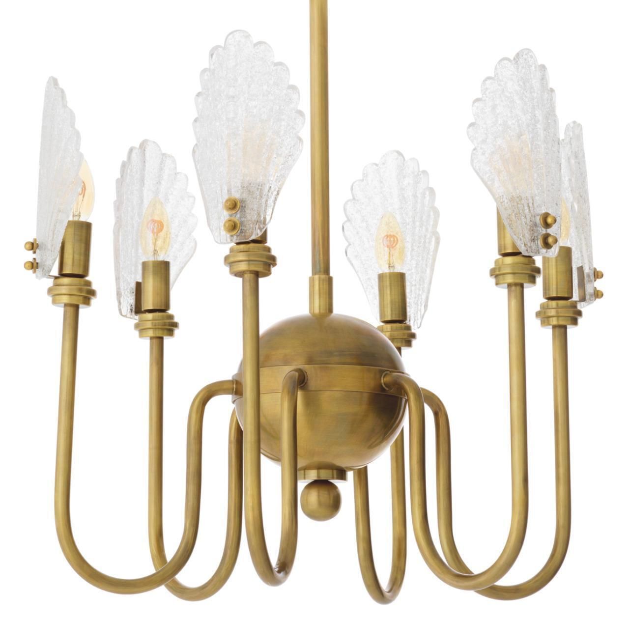 Chandelier In Brass And Handmade Textured Glass, Neoclassical Style photo Lighting