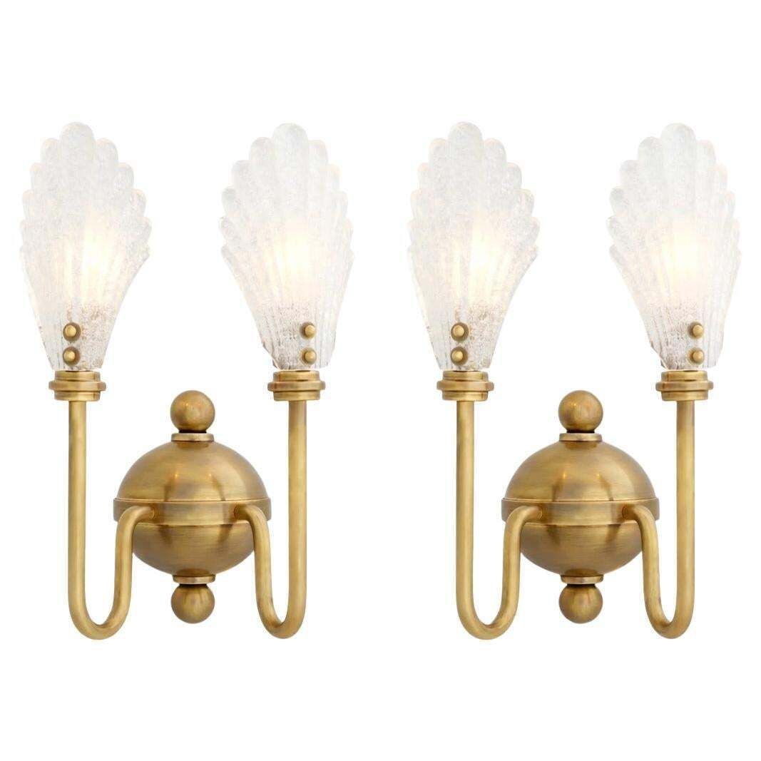 Pair Of Wall Lamps In Brass And Textured Glass, Neoclassical Style