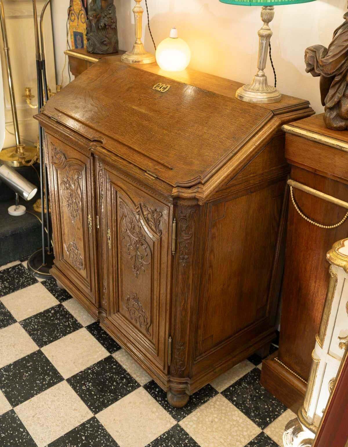 19th Century Sideboard Forming A Sloping Desk, Carved Oak, Napoleon III Period. photo vintage