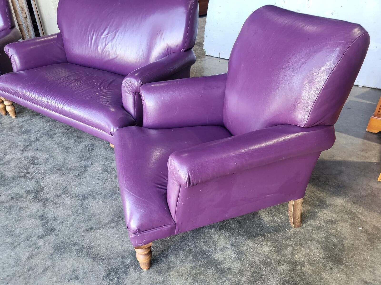 Antique Repro Leather 2 Seat Sofa 2 X Armchairs Wood Legs photo Furniture