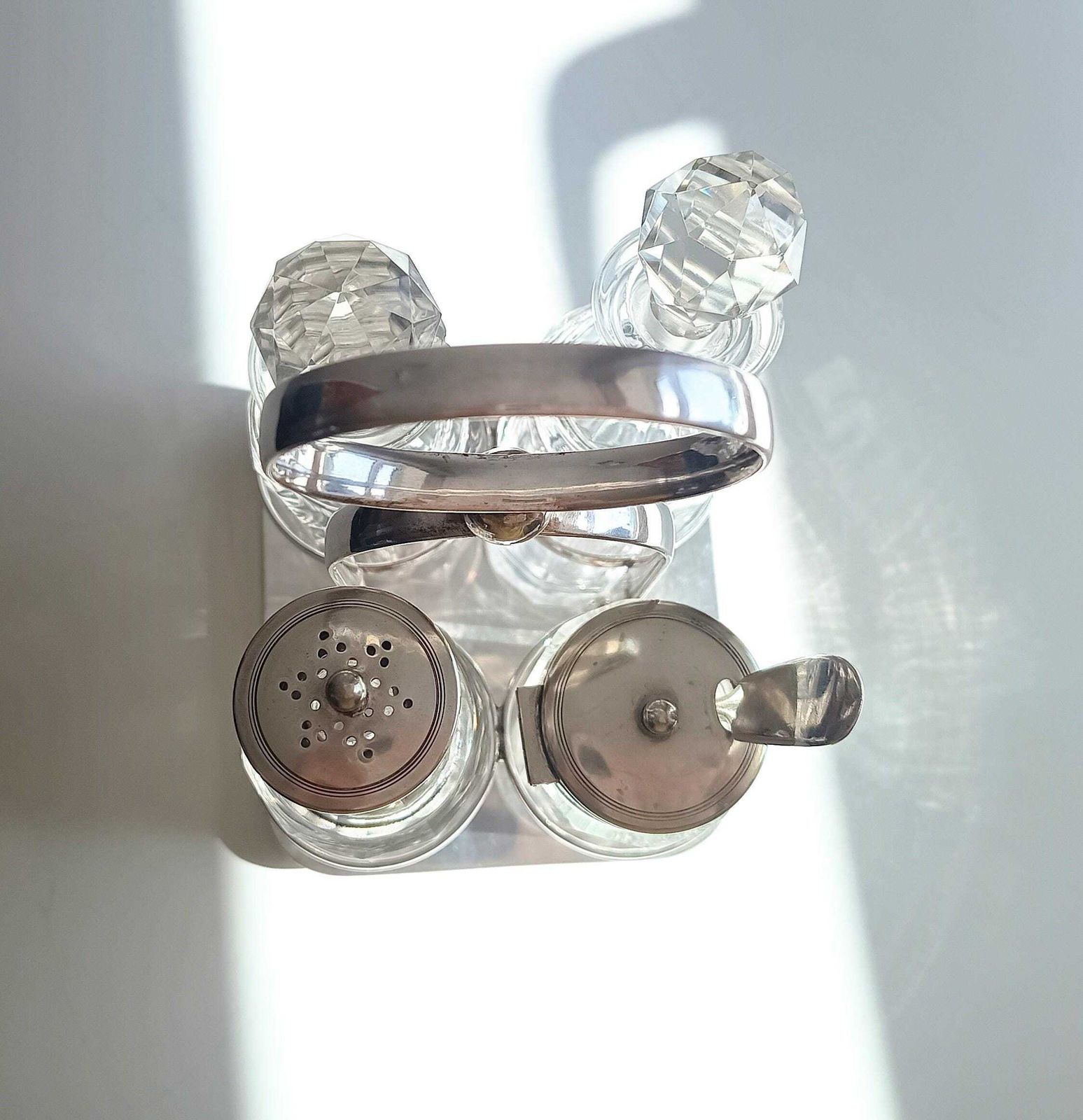 125.0 Georgian Style Silver Plate Cruet Stand & 4 Cut Glass Condiment Bottles, England photo