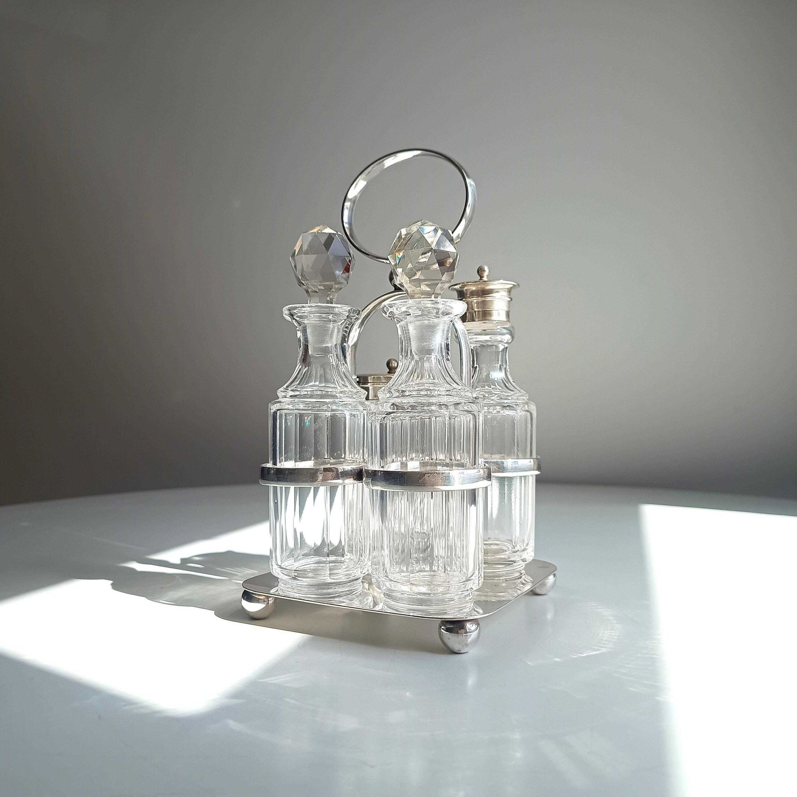 Georgian Style Silver Plate Cruet Stand & 4 Cut Glass Condiment Bottles, England