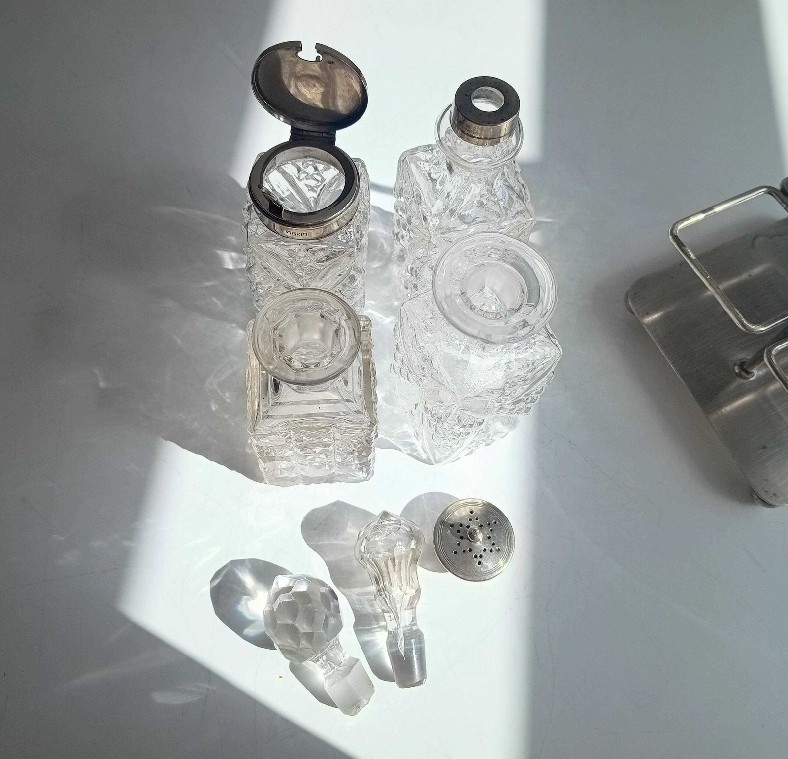 Antique Silver Plate Cruet Stand & 4 Cut Glass Condiment Bottles, England, Circa 1915 photo vintage