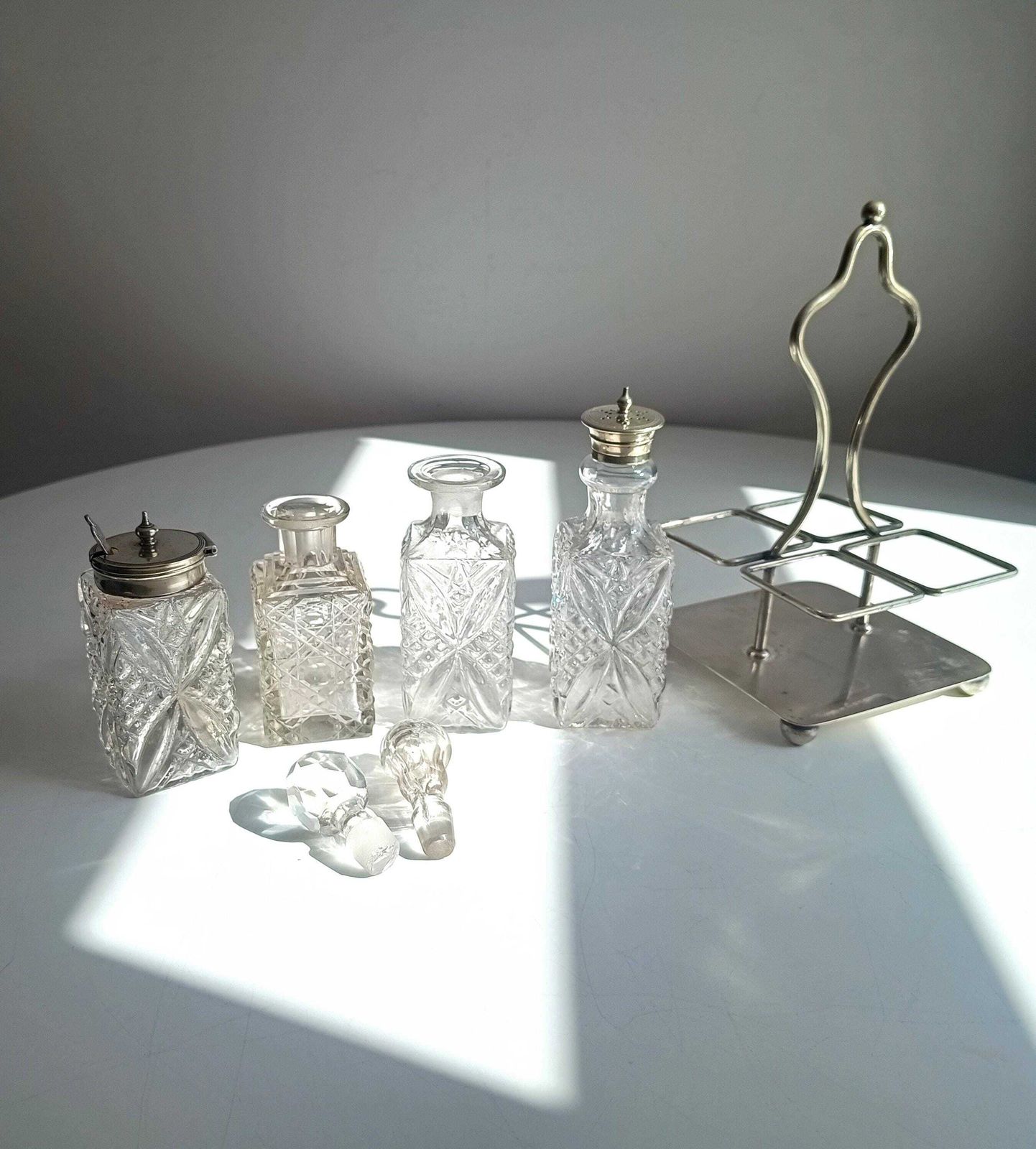 Home Decor Antique Silver Plate Cruet Stand & 4 Cut Glass Condiment Bottles, England, Circa 1915 photo