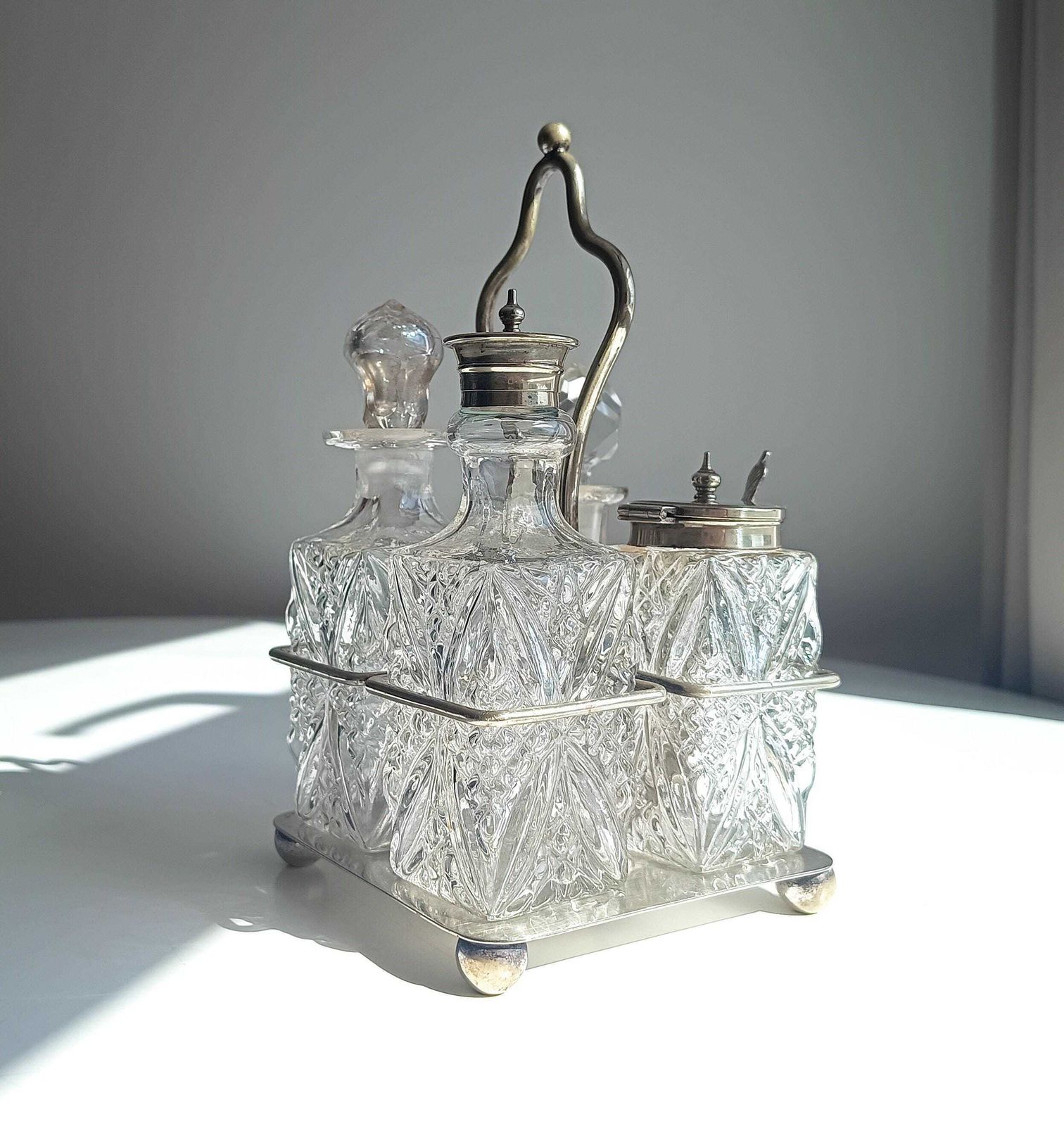 115.0 Antique Silver Plate Cruet Stand & 4 Cut Glass Condiment Bottles, England, Circa 1915 photo