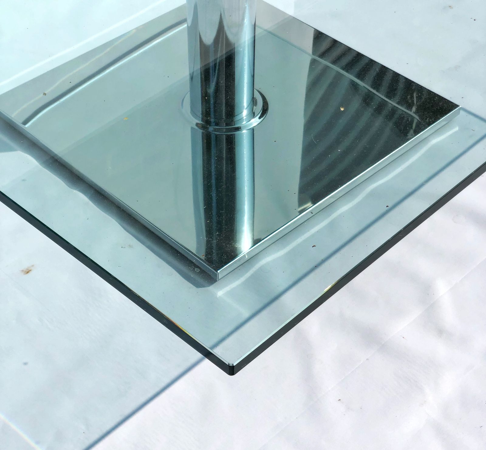 240.0 Contemporary Square Glass Coffee Table With Polished Chrome Pedestal –  Modern Design 90cm photo