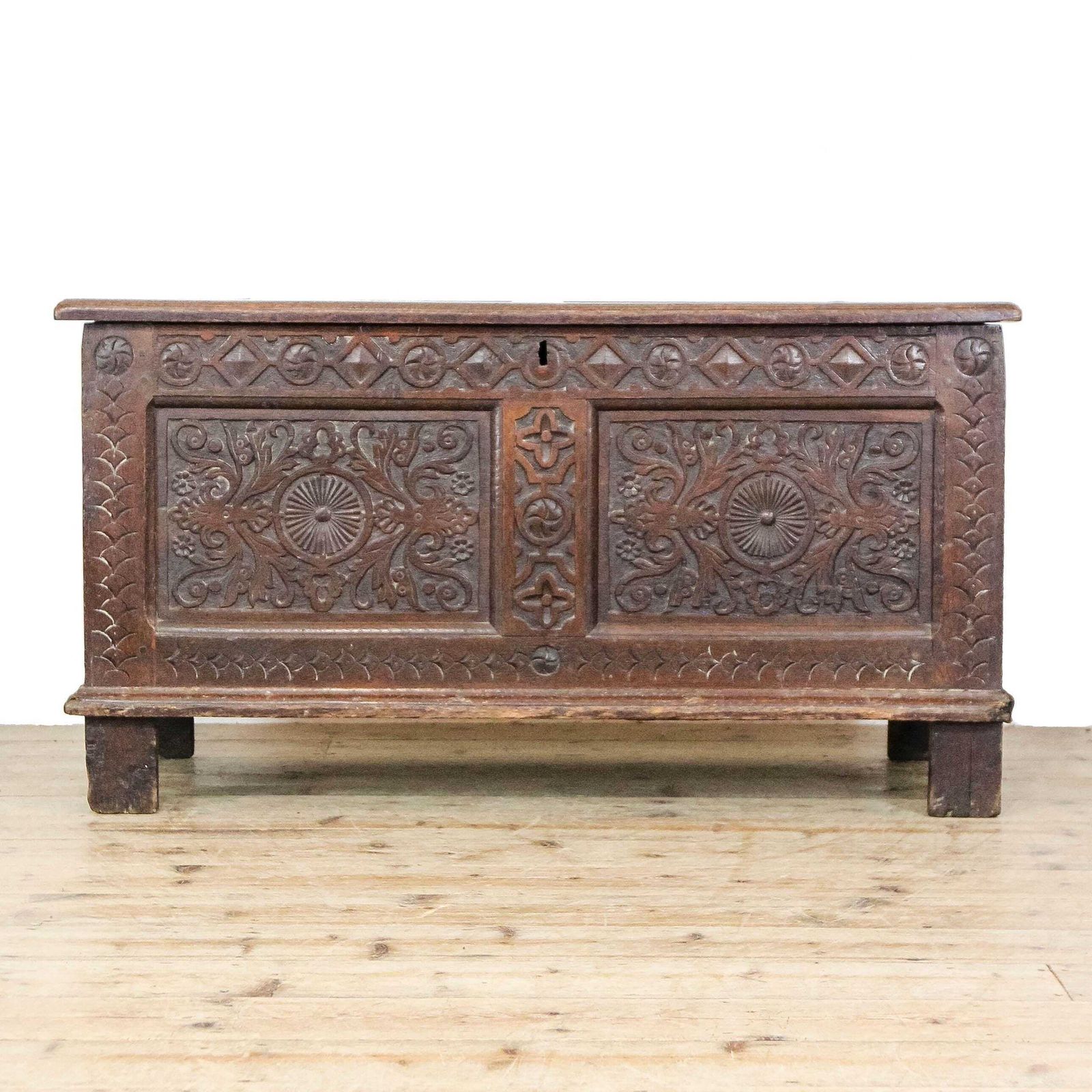 Antique Carved Oak Coffer | Antique Furniture | Antique Trunk | Antique Oak Blanket Box | Antique Storage (M 6777)