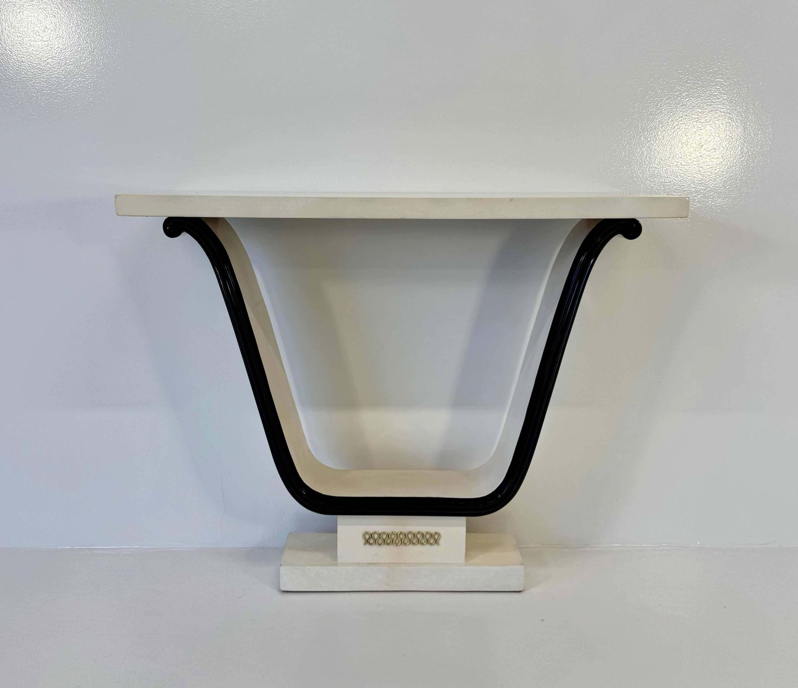 Italian Art Deco Parchment, Brass, Black Console, In The Style Of Borsani, 40s photo furniture