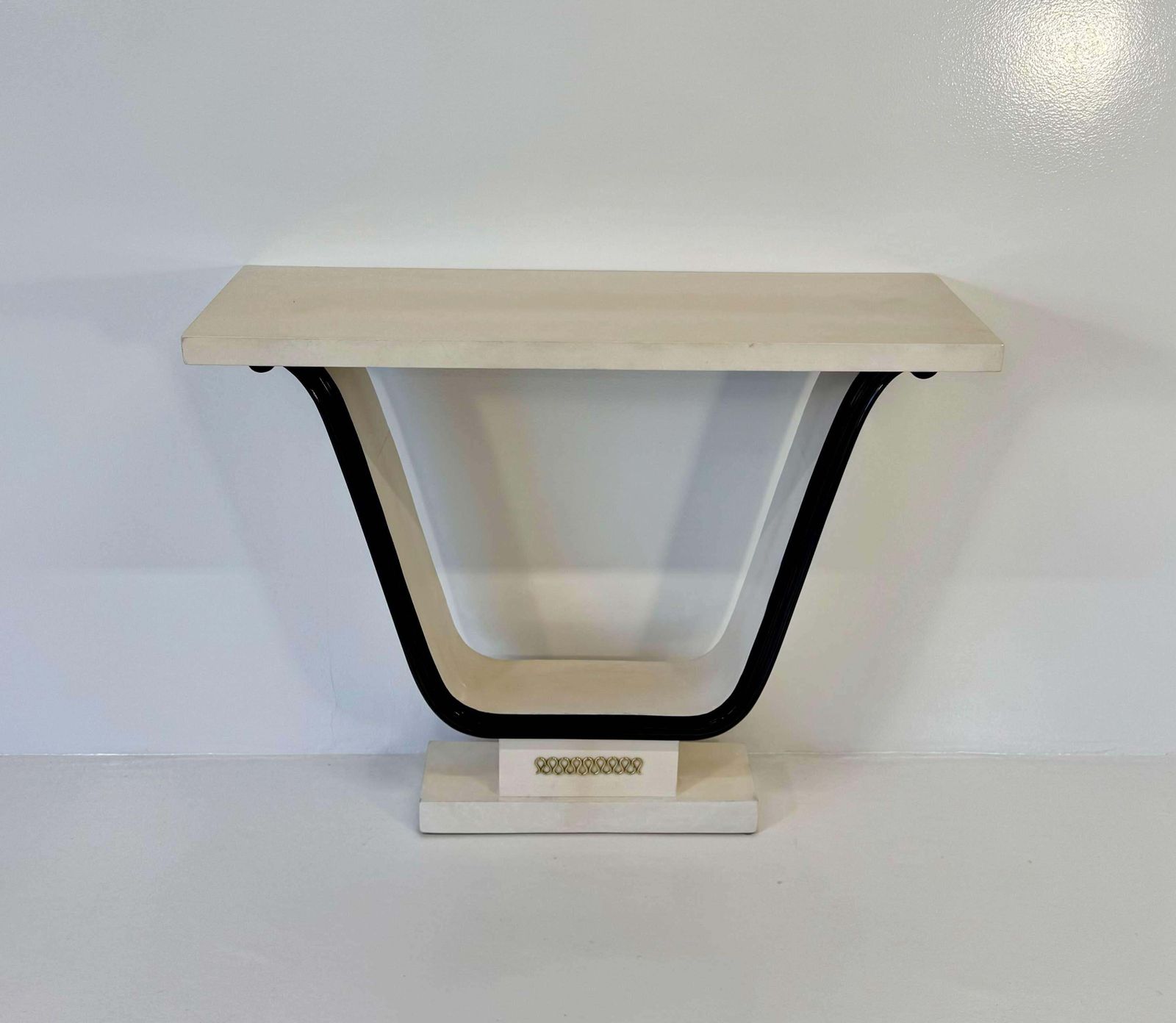 Italian Art Deco Parchment, Brass, Black Console, In The Style Of Borsani, 40s photo for sale