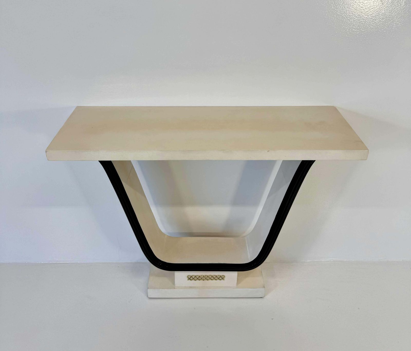 Italian Art Deco Parchment, Brass, Black Console, In The Style Of Borsani, 40s photo Furniture