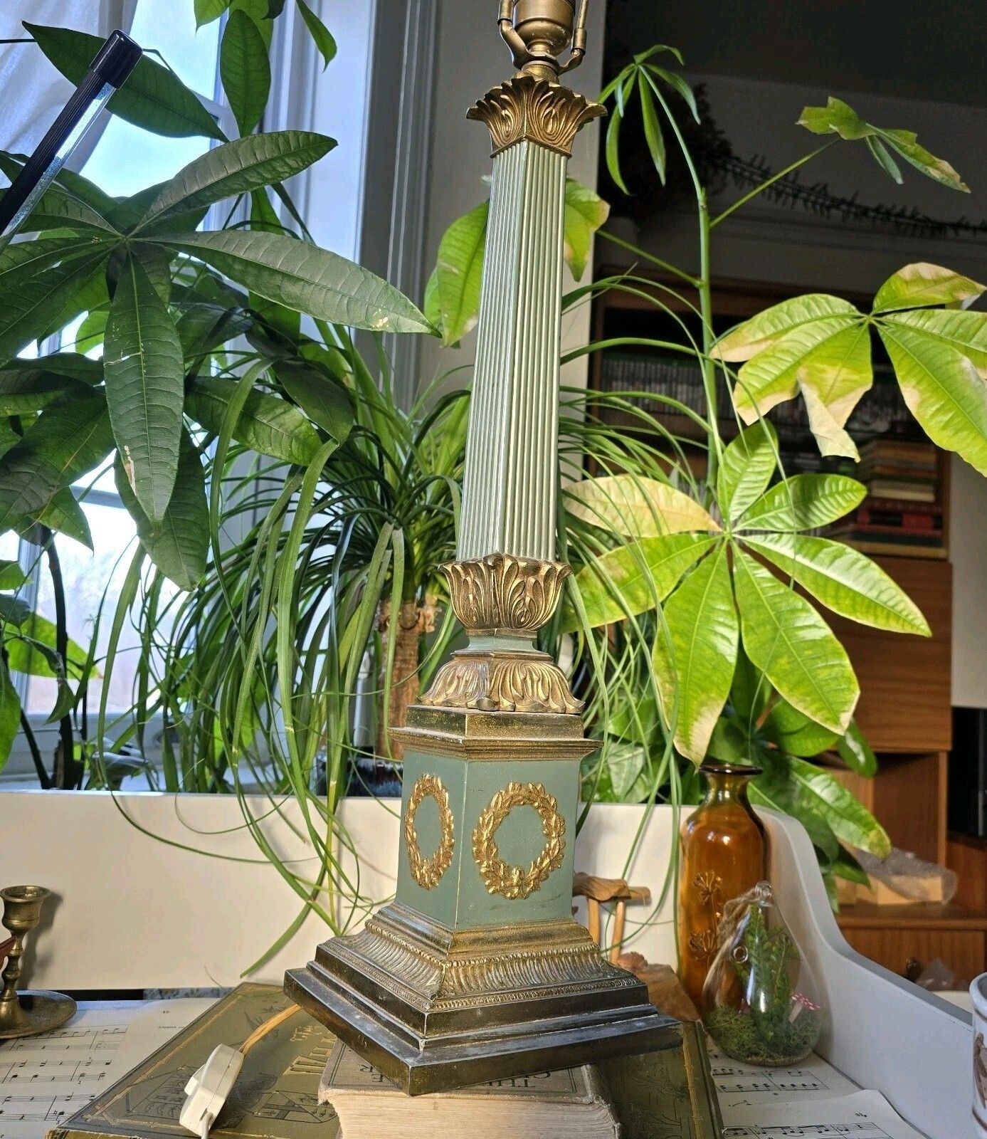 Antique French Table Lamp 19th Century Empire Column Ornate Green Gold Rare photo furniture