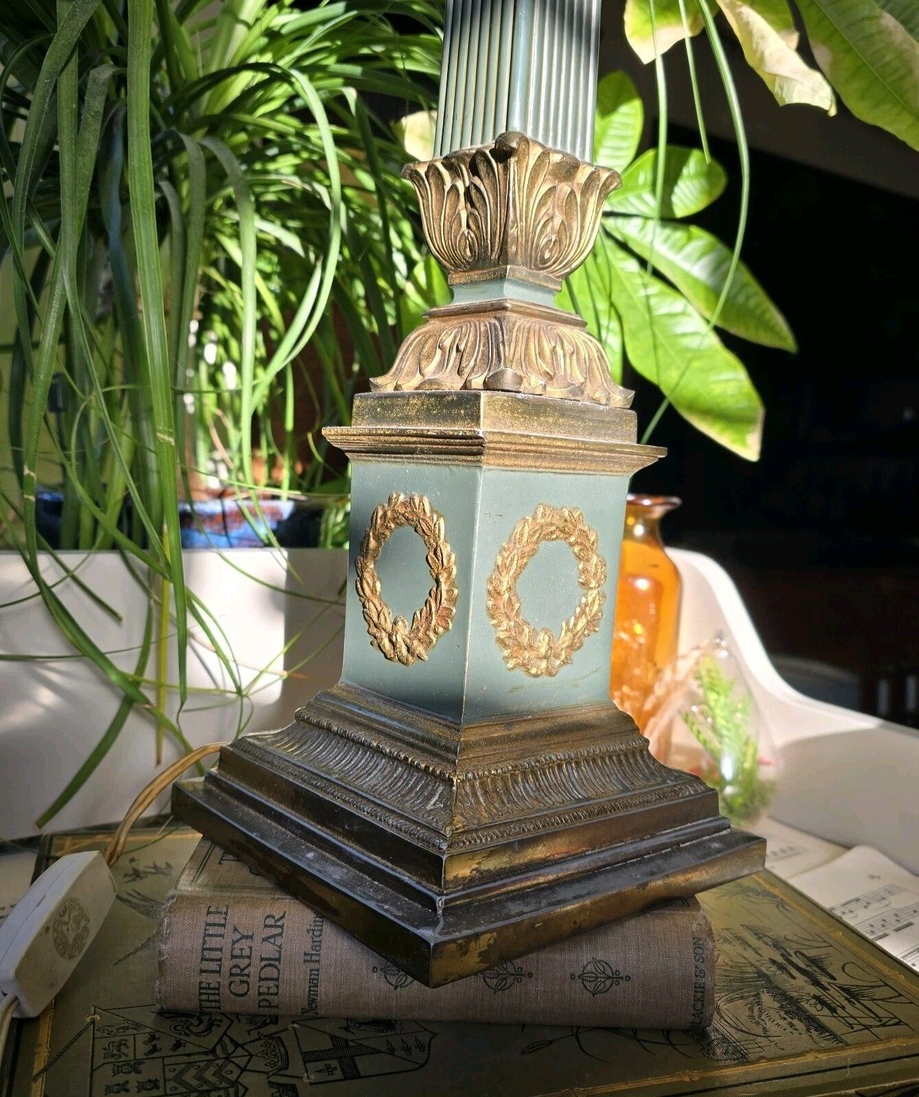 photo buy Antique French Table Lamp 19th Century Empire Column Ornate Green Gold Rare