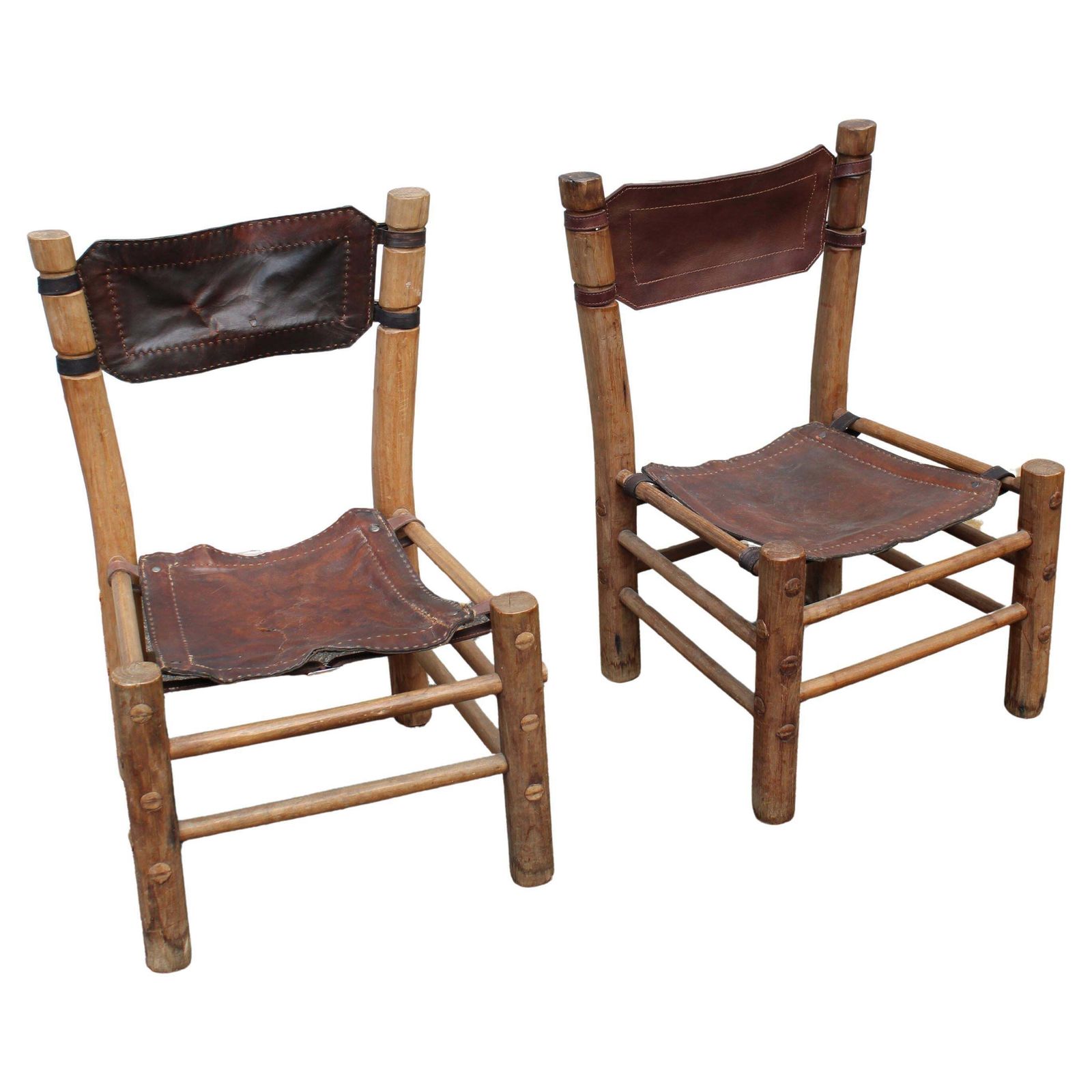 Pair Of Wooden And Leather Chairs Safary Italy 1960