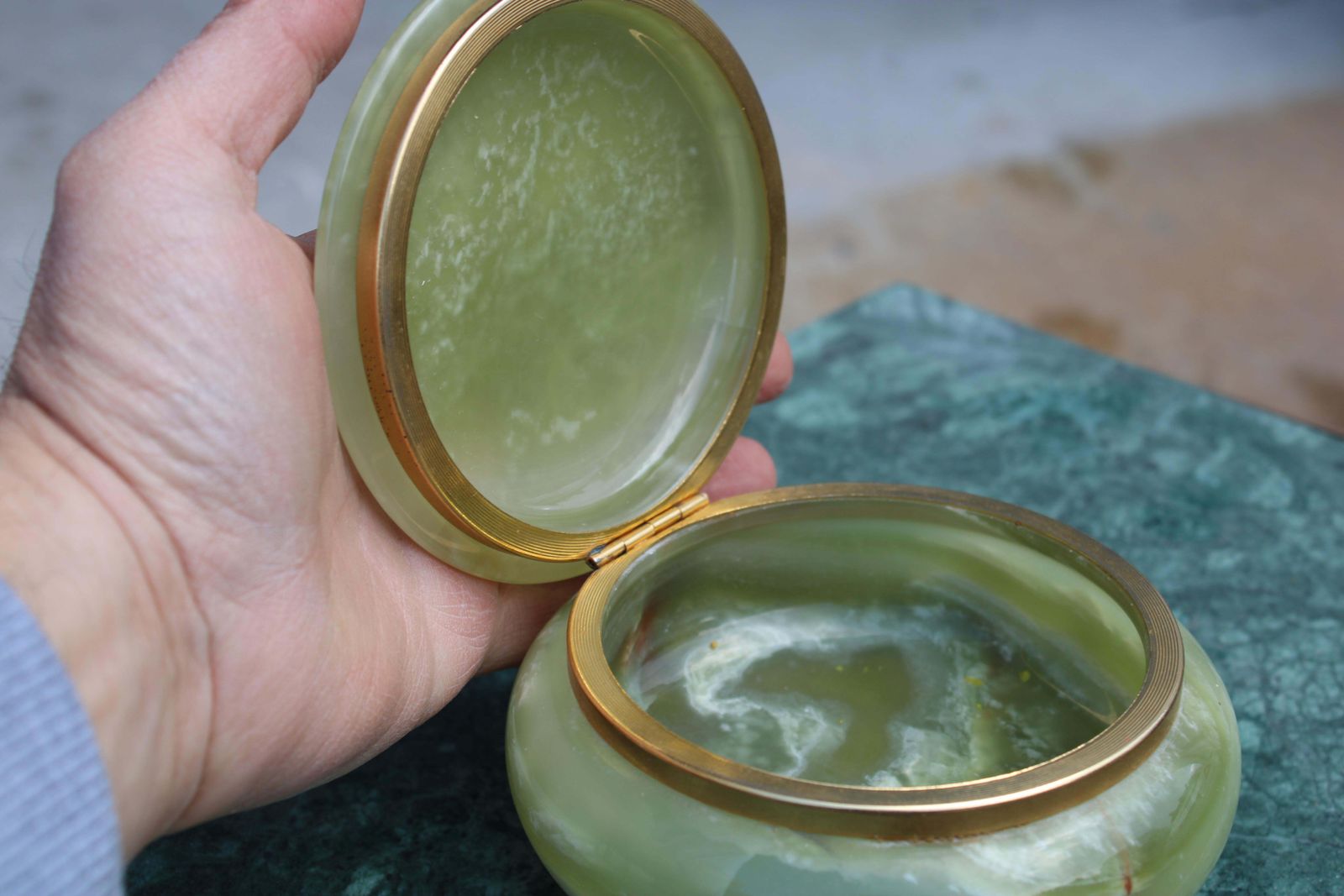 photo for sale Green Onyx Marble And Brass Jewelry Box 1950s Italy