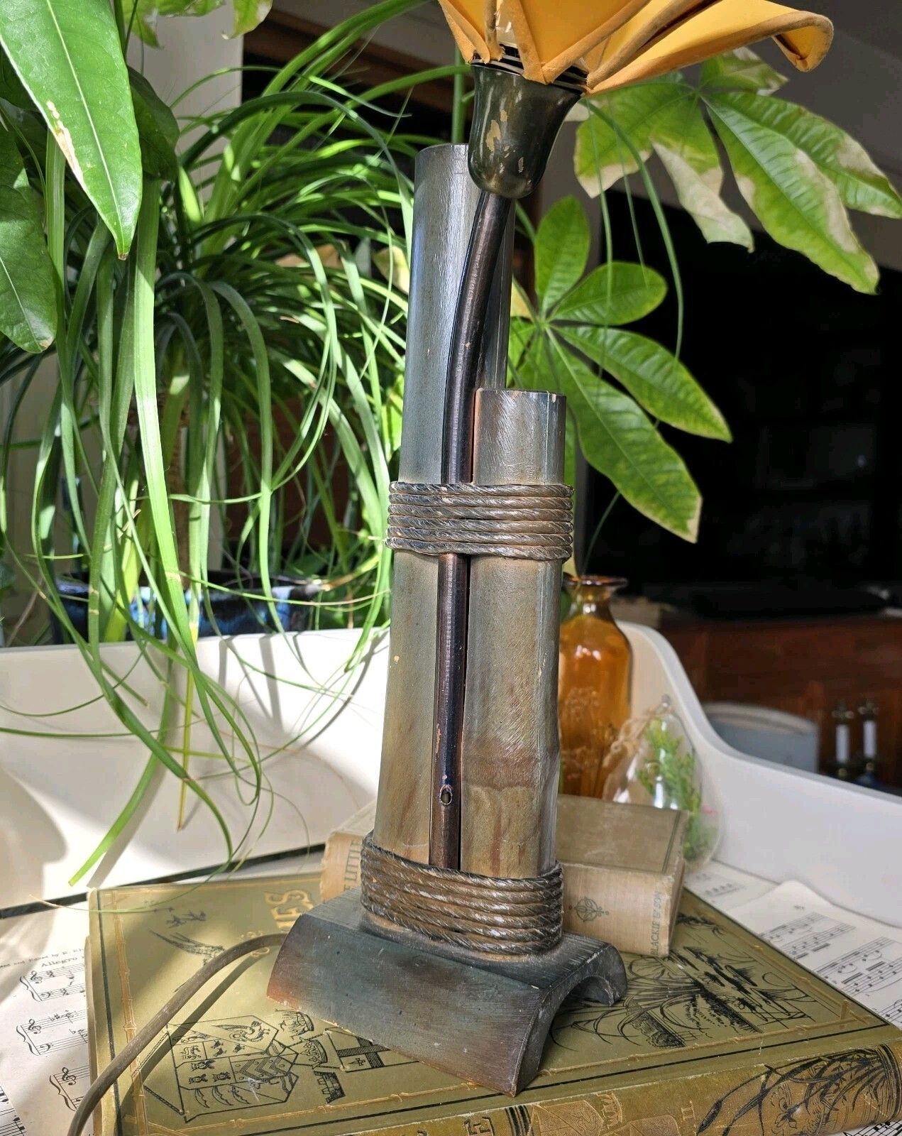 photo for sale Vintage Table Lamp Lotus Flower Bamboo Mid Century Bohemian Mcm Rare