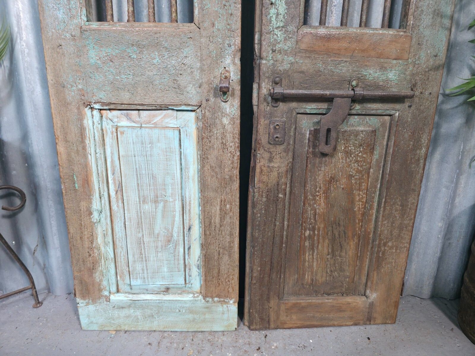 Pair Vintage Rustic Indian Wooden Iron Doors Garden Gates Room Divider Screen photo for sale