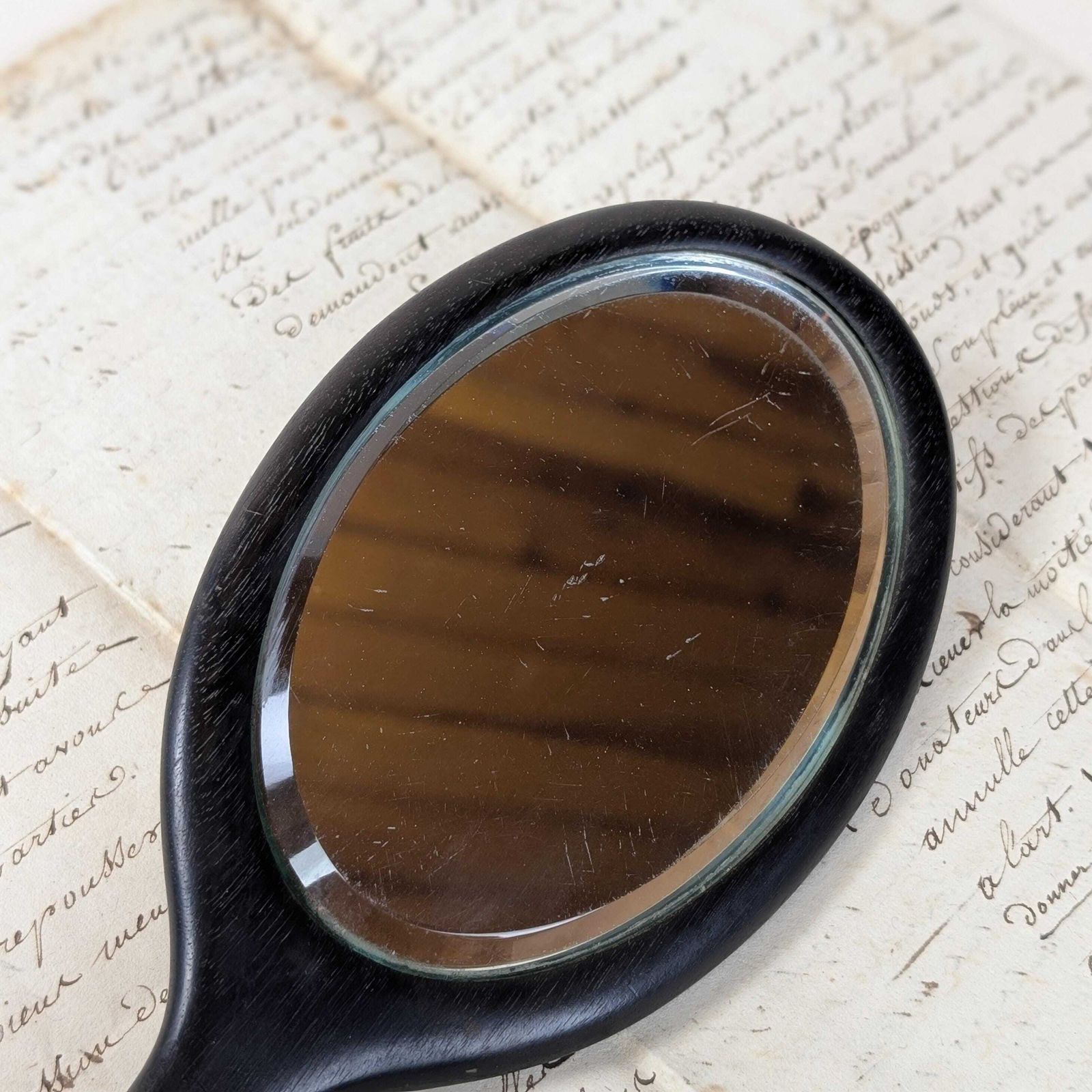 Antique Ebonised Wood Hand Mirror With Silver Initial D, Late 19th Century Black Oval Victorian Beveled Glass Vanity Accessory, photo Home Decor