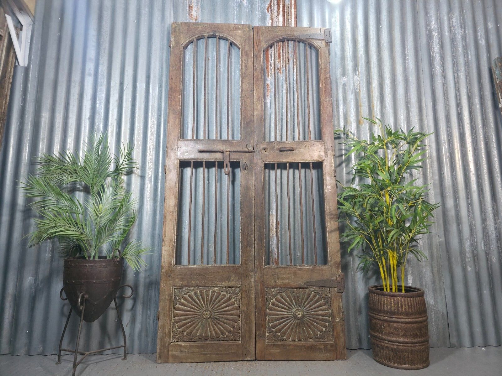 Pair Vintage Rustic Indian Wooden Iron Doors Garden Gates Room Divider Screen
