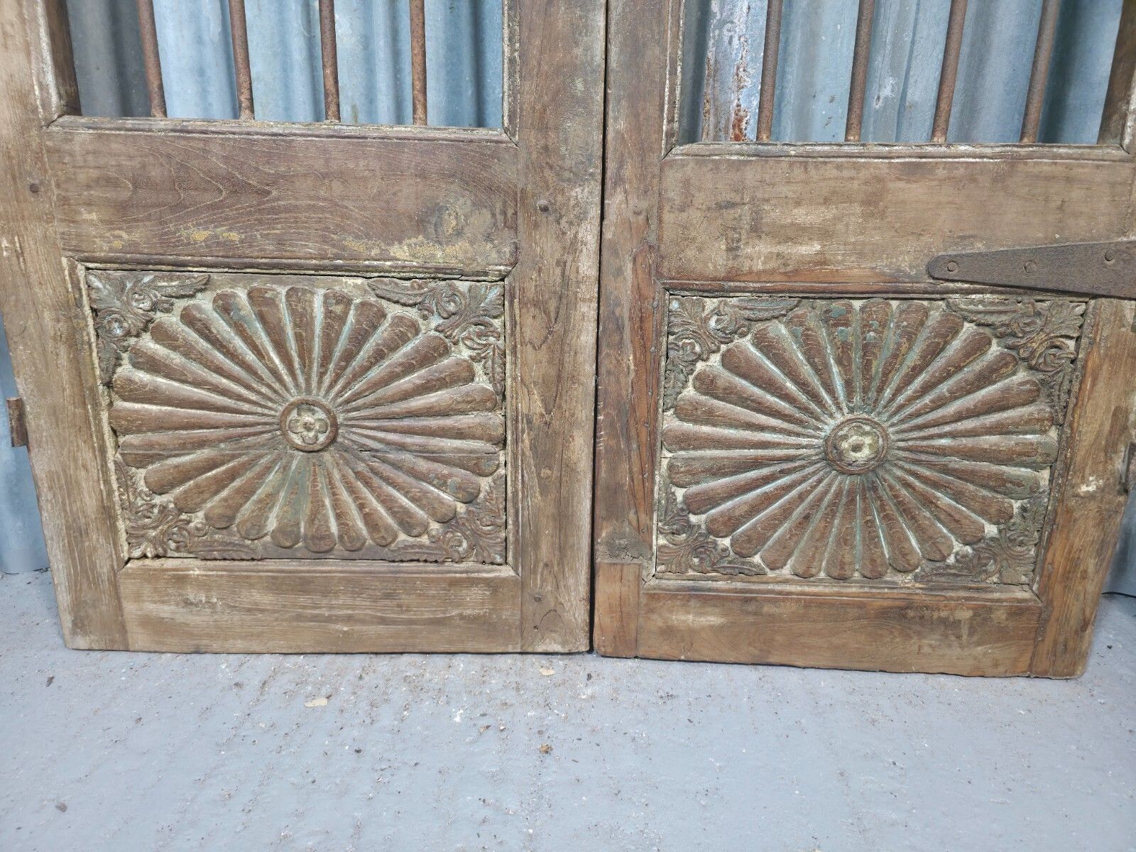 Pair Vintage Rustic Indian Wooden Iron Doors Garden Gates Room Divider Screen photo for sale