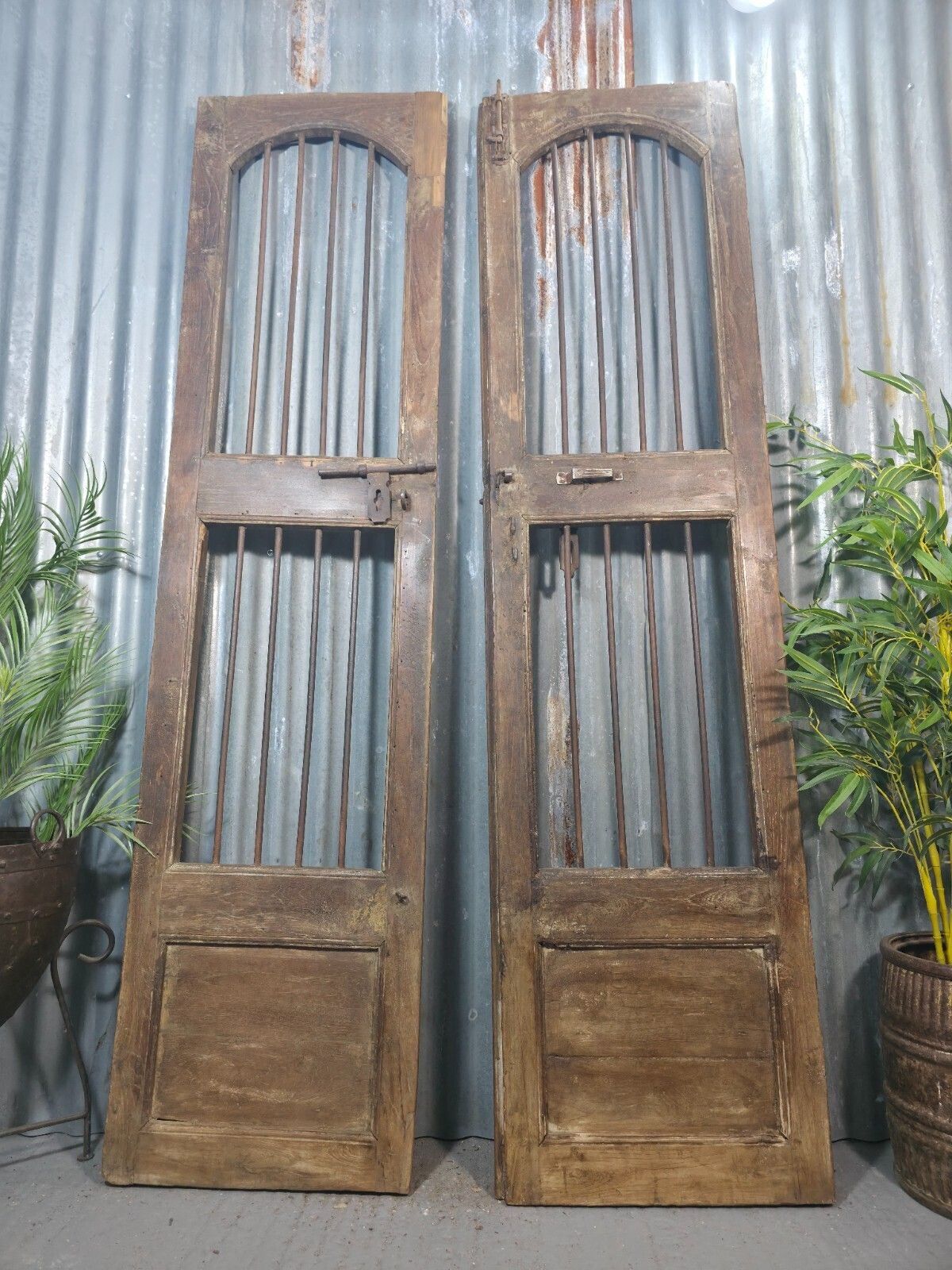 Pair Vintage Rustic Indian Wooden Iron Doors Garden Gates Room Divider Screen photo buy