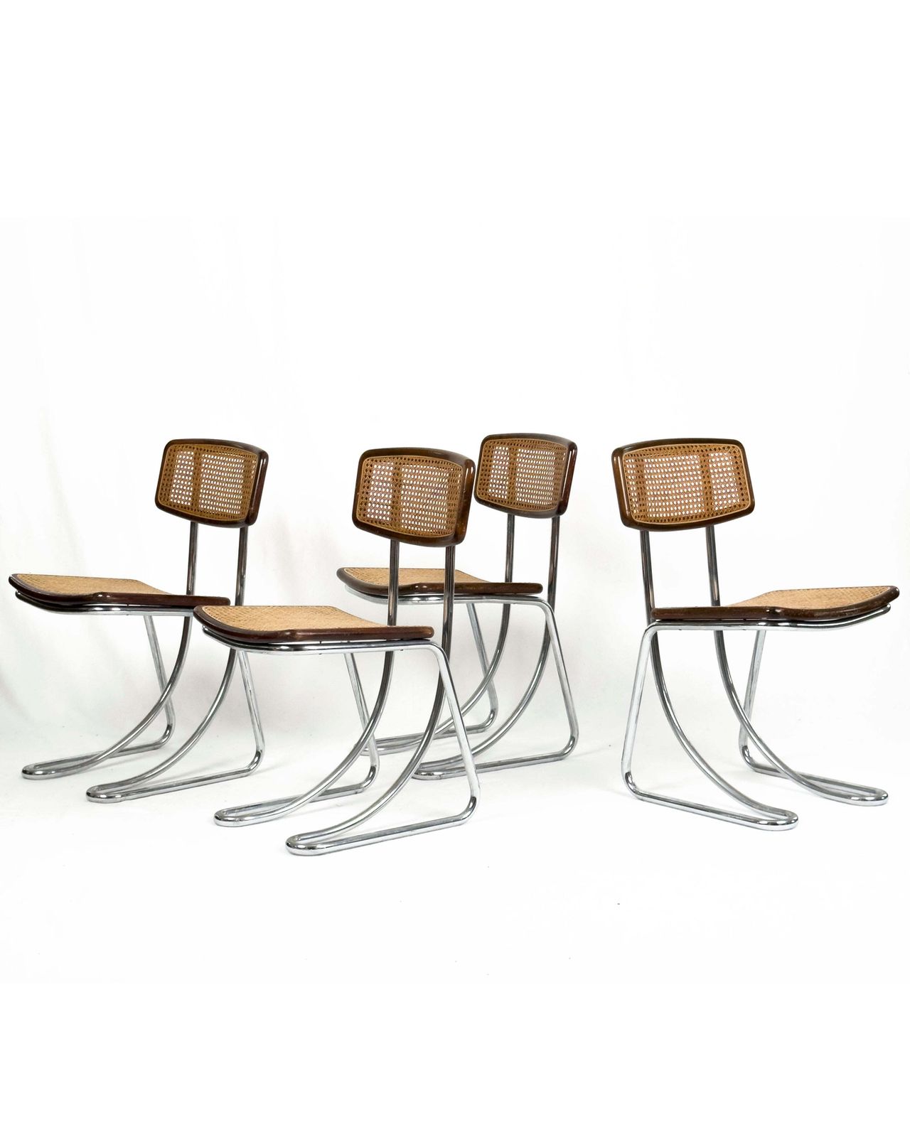 Set Of 4 Vintage Cantilever Chairs In Chrome, Wood And Vienna Straw, 1970s photo buy
