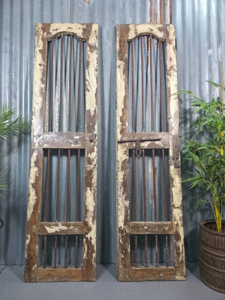 Pair Vintage Rustic Indian Wooden Iron Doors Garden Gates Room Divider Screen photo Home Fixtures