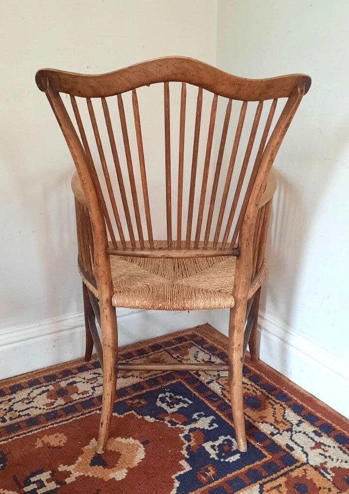 8th Or 19th Century Antique Spindle Back Rush Seat Elbow Chair Arts And Crafts photo buy