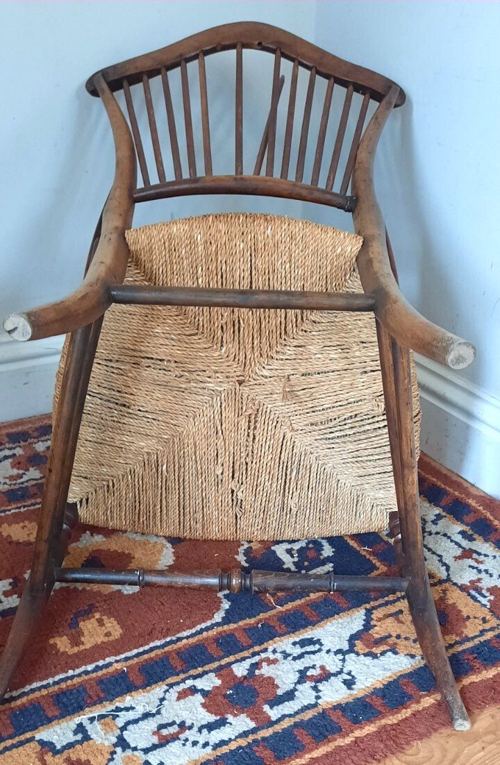 photo for sale 8th Or 19th Century Antique Spindle Back Rush Seat Elbow Chair Arts And Crafts