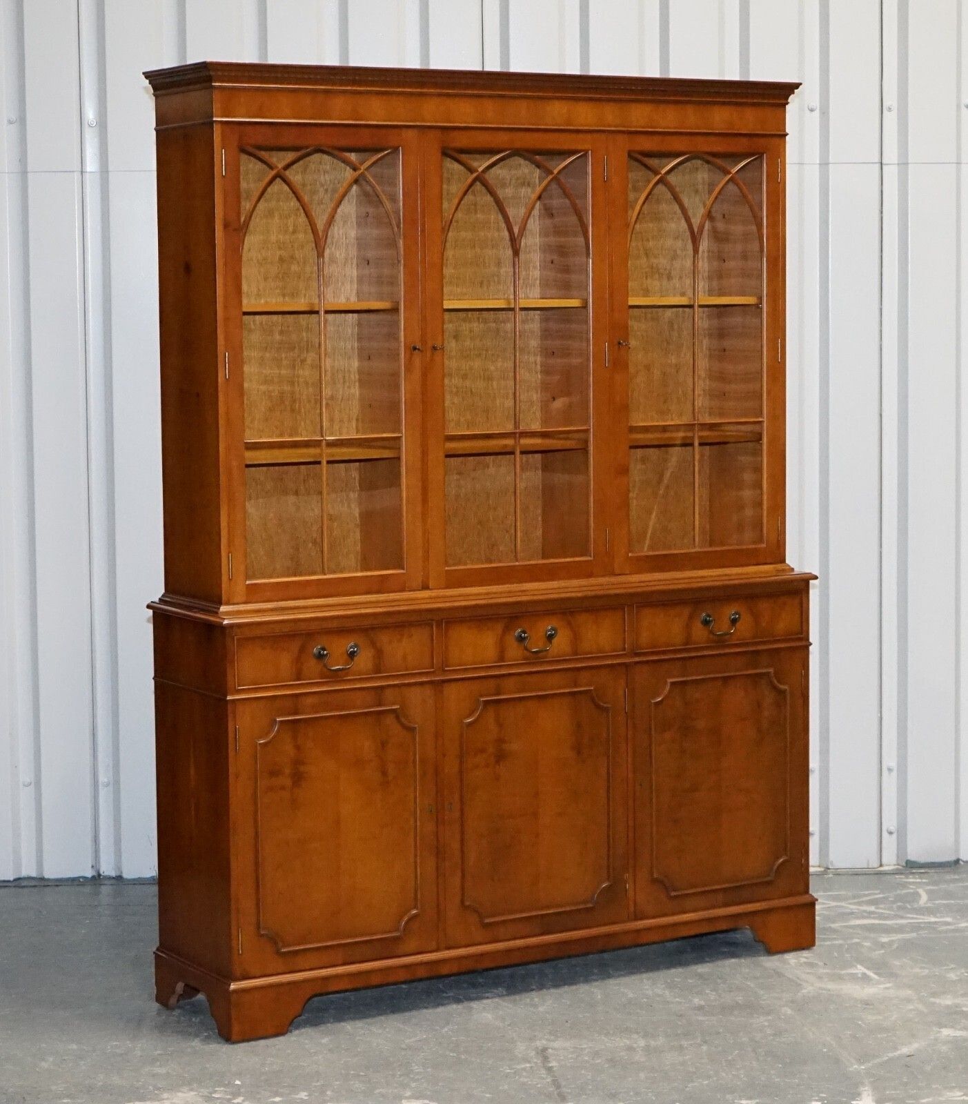 Vintage English Burr Yew Wood 3 Door Glazed Display Bookcase Cabinet photo furniture