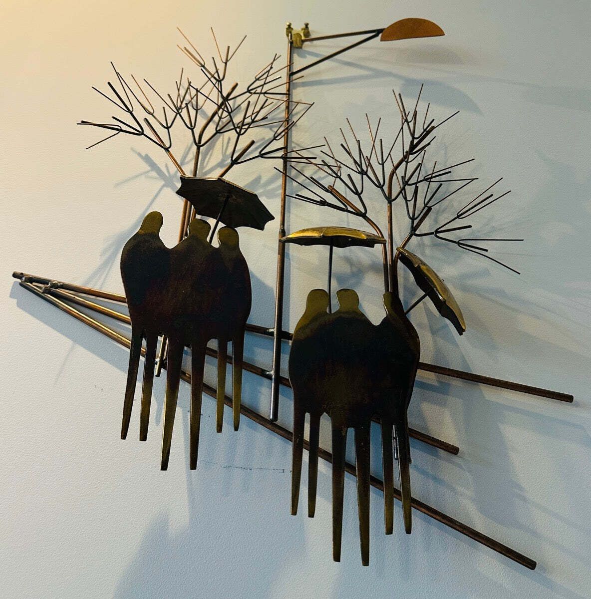 1970s Brutalist "Rainy Day" By R. Richèse Brass & Copper 3 D Wall Hanging Art photo vinterior