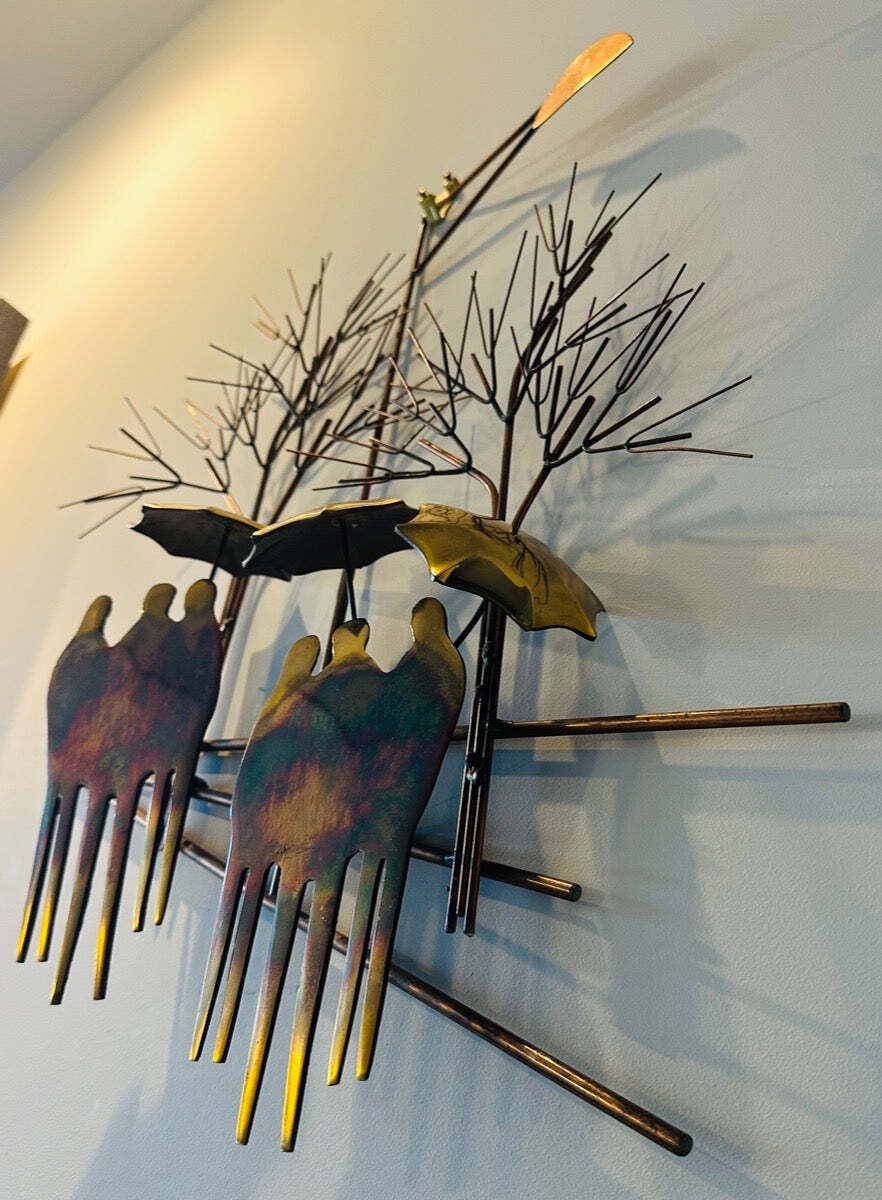 photo furniture 1970s Brutalist "Rainy Day" By R. Richèse Brass & Copper 3 D Wall Hanging Art