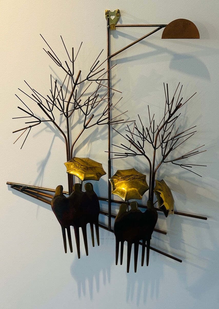photo vinterior 1970s Brutalist "Rainy Day" By R. Richèse Brass & Copper 3 D Wall Hanging Art