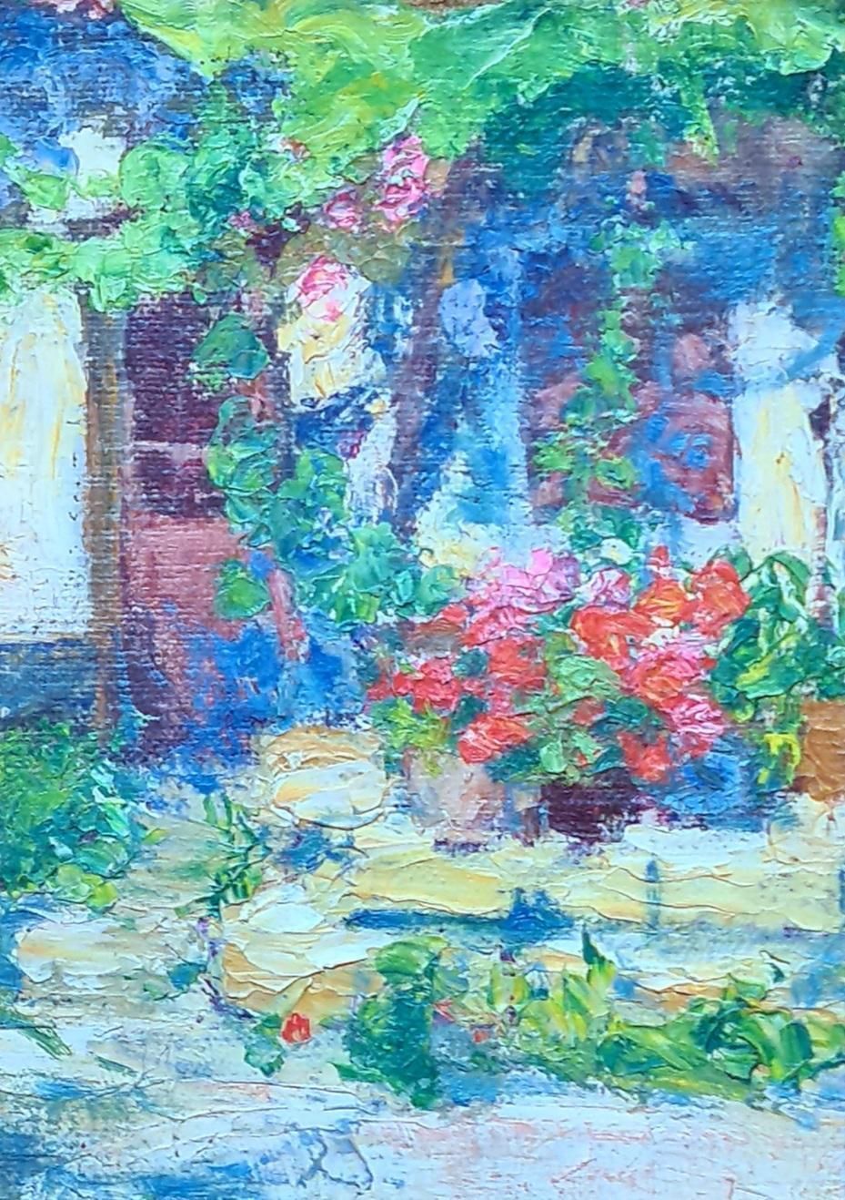 The Geraniums Impressionist Oil Painting On Board, Late 20th Century