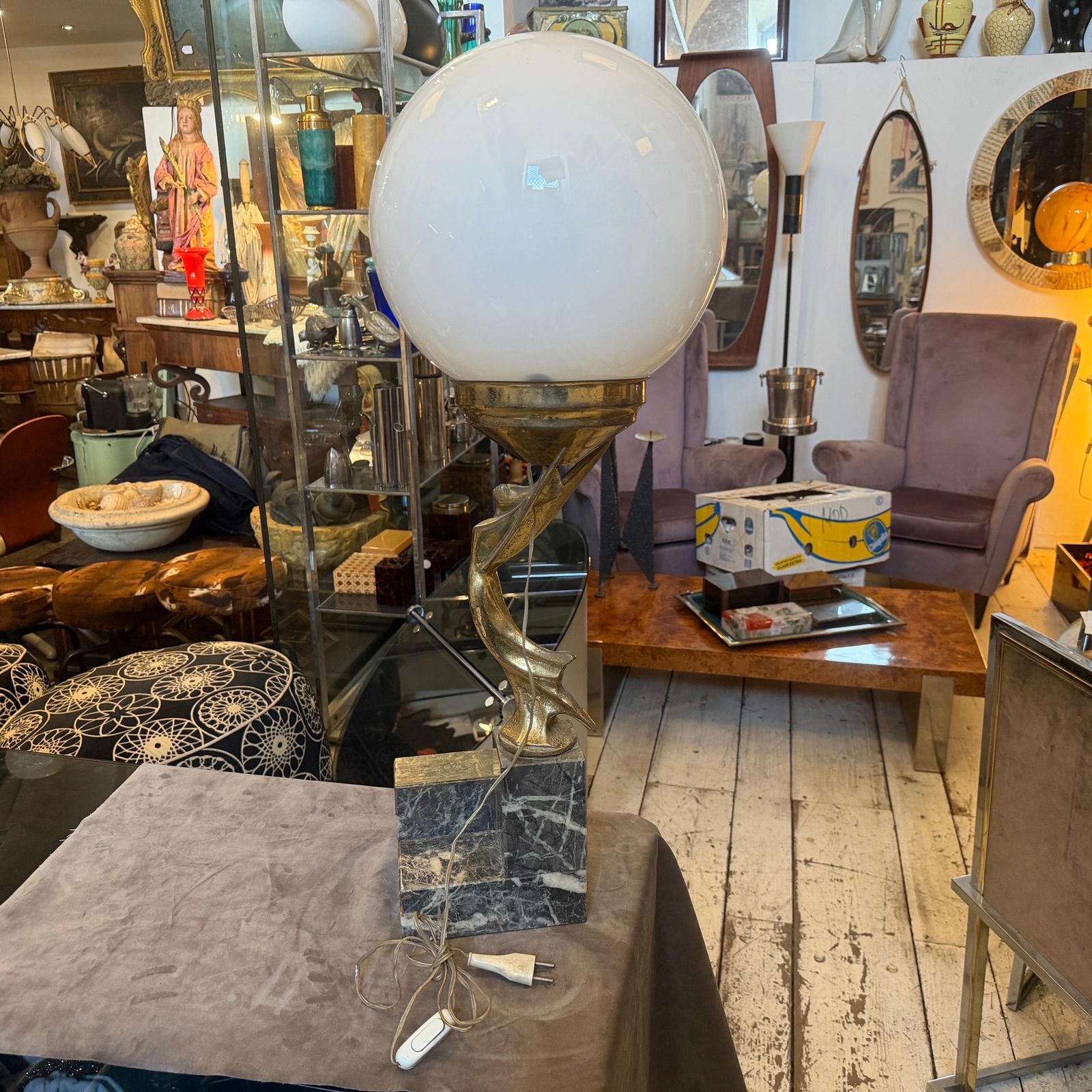 photo for sale 1930s Art Deco Black Marble, Gilded Metal And Milk Glass Italian Table Lamp
