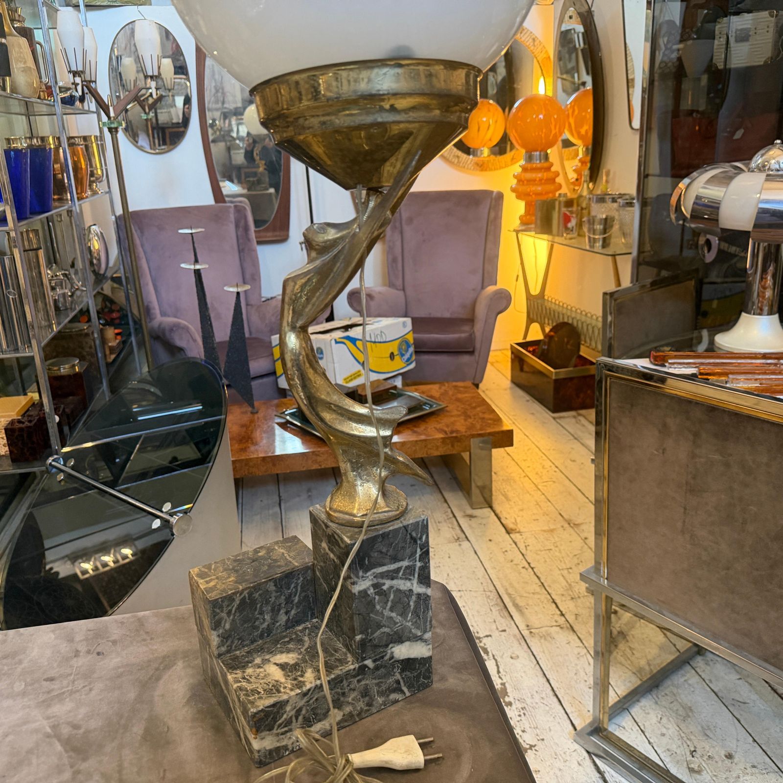 Lighting 1930s Art Deco Black Marble, Gilded Metal And Milk Glass Italian Table Lamp photo