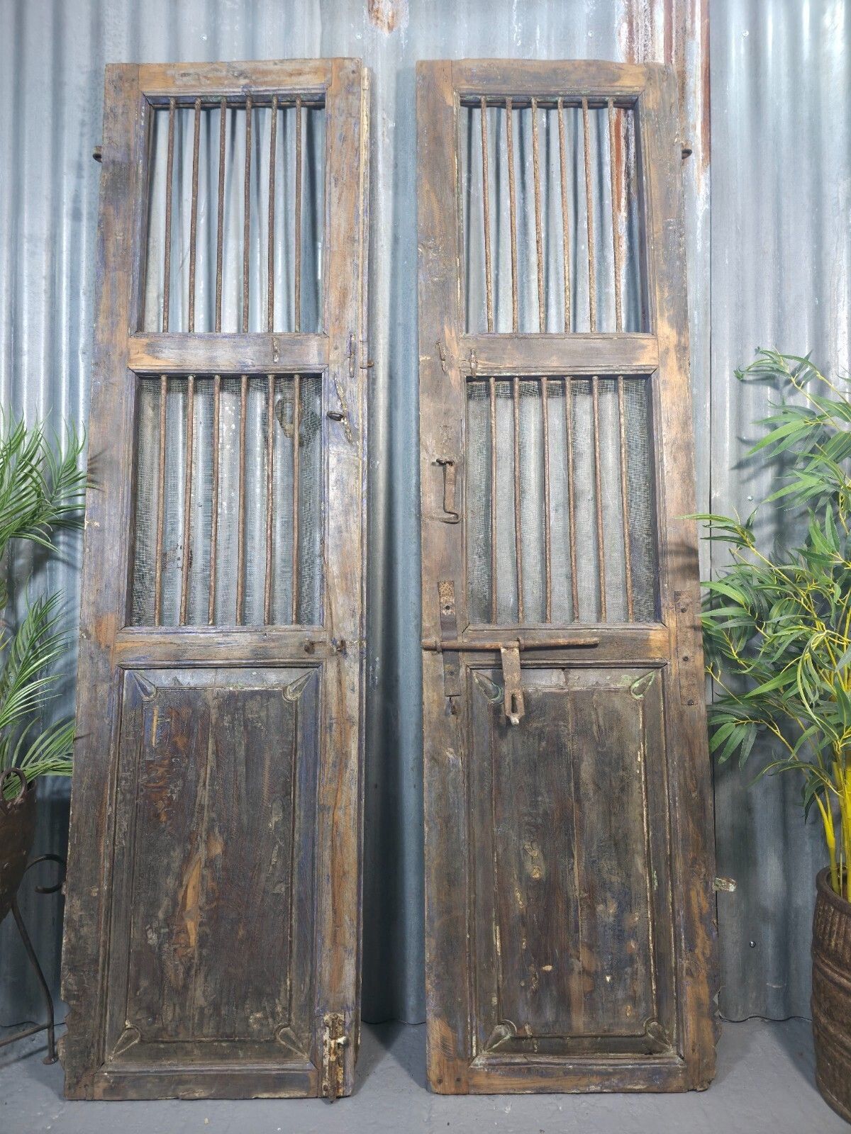 Pair Vintage Rustic Indian Wooden Iron Doors Garden Gates Room Divider Screen photo vintage