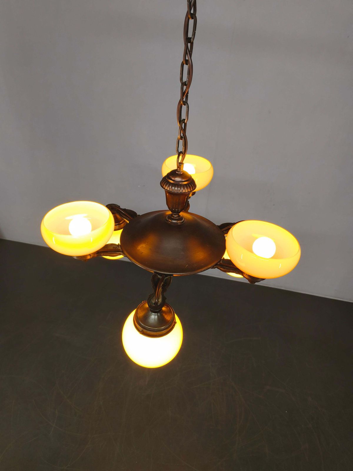 Art Deco Czech Brass Chandelier With Cream Glass, 1920s photo 1126.0