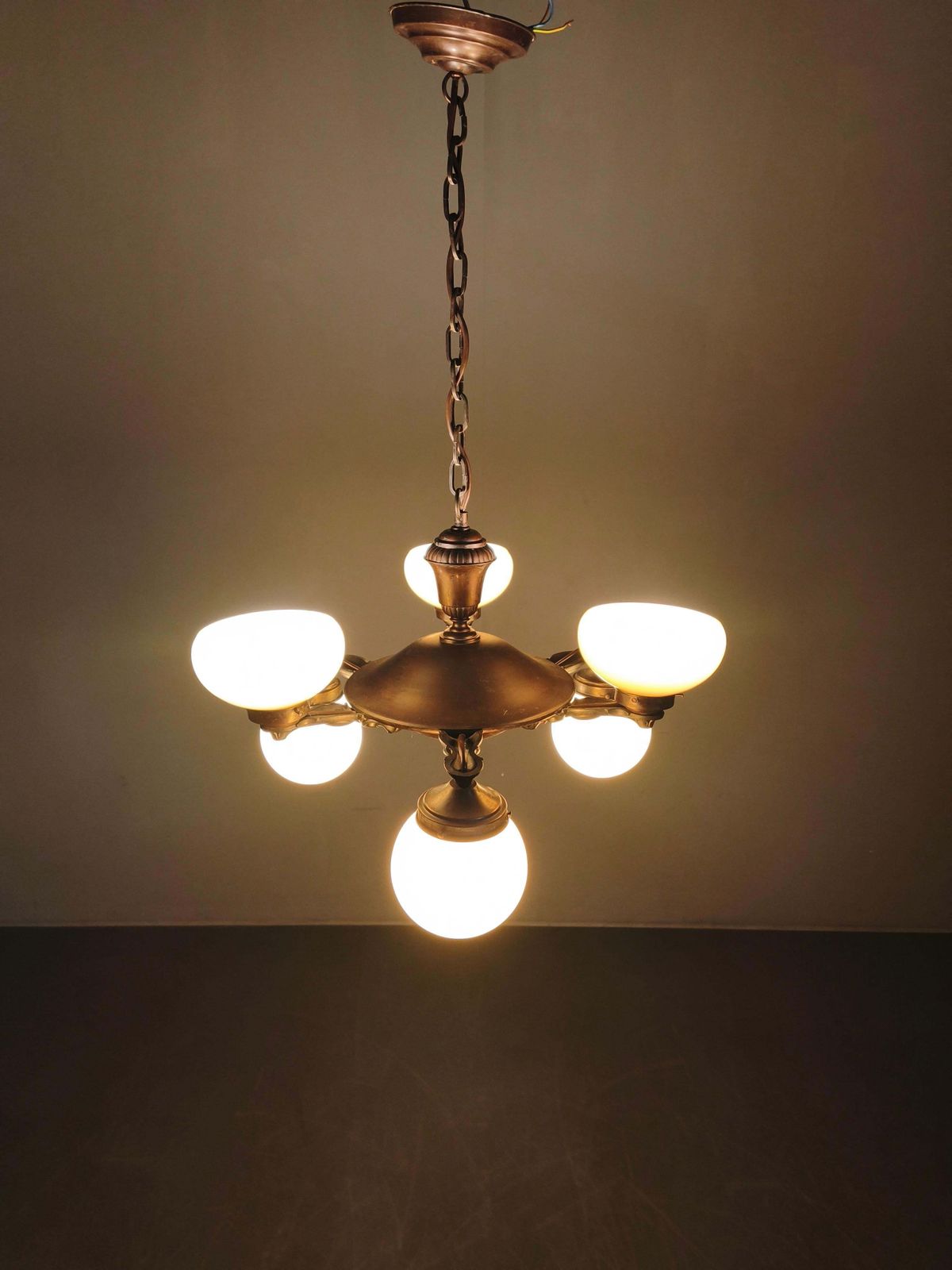 Art Deco Czech Brass Chandelier With Cream Glass, 1920s photo vintage