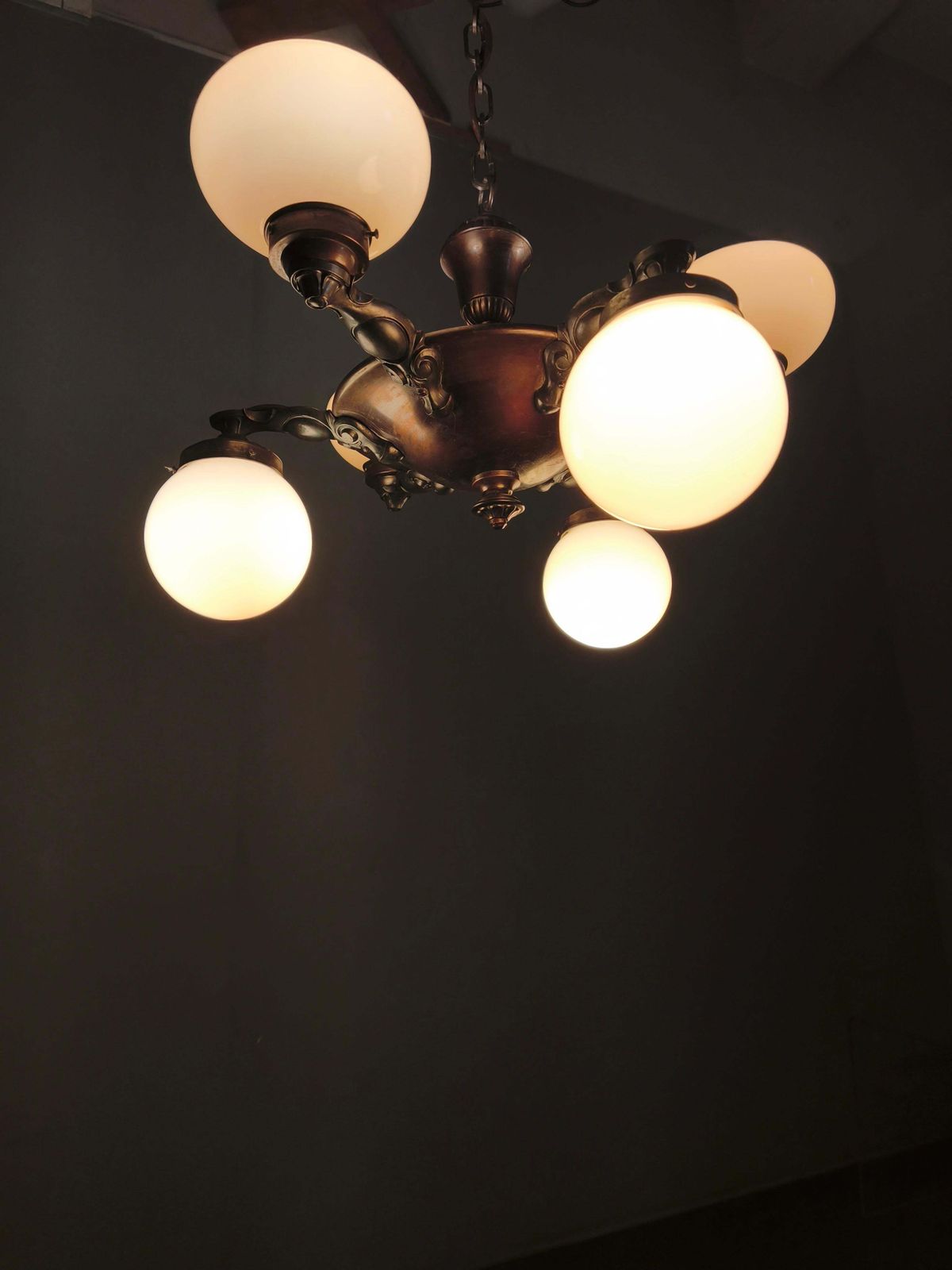 photo for sale Art Deco Czech Brass Chandelier With Cream Glass, 1920s