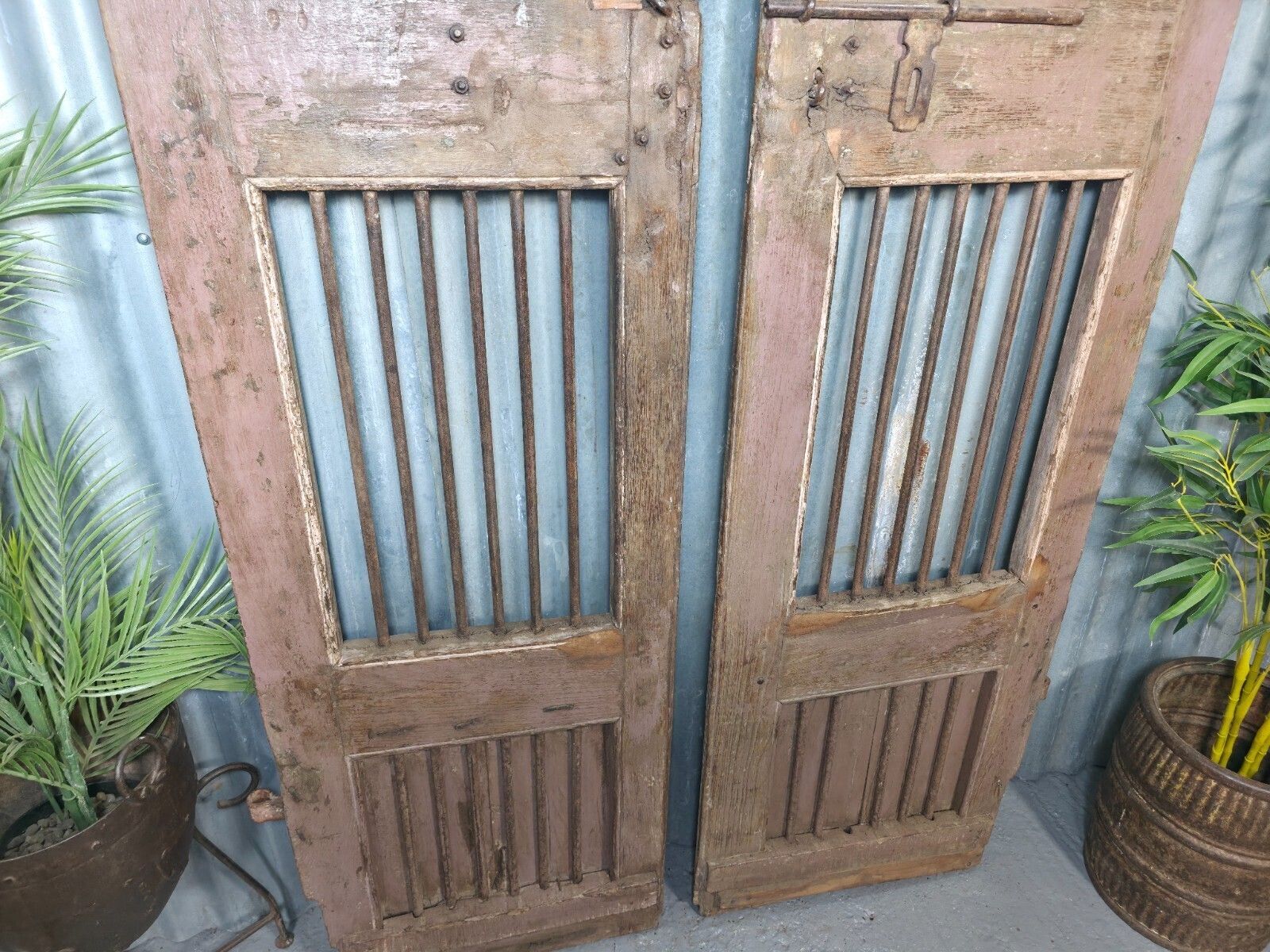 photo for sale Pair Vintage Rustic Indian Wooden Iron Doors Garden Gates Room Divider Screen