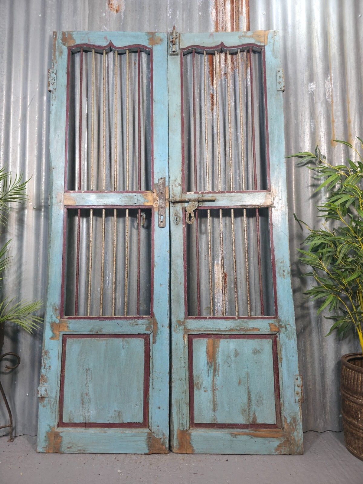 Pair Vintage Rustic Indian Wooden Iron Doors Garden Gates Room Divider Screen photo furniture